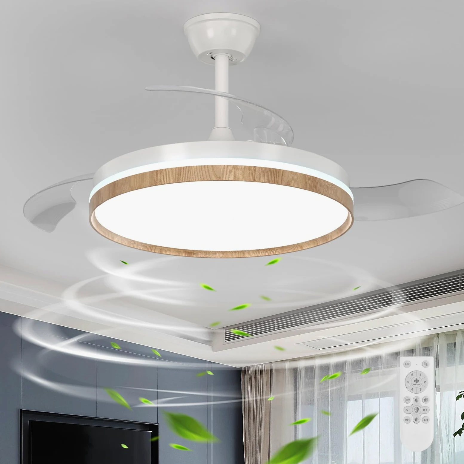 Ventilatore da Soffitto con Luce e Telecomando, 3 Pale Retrattili, Reversibile LED Lampada Ventilatore da Soffitto Dimmerabile, 6 Velocità, Silenzioso Motore DC per Camera da Letto, Soggiorno