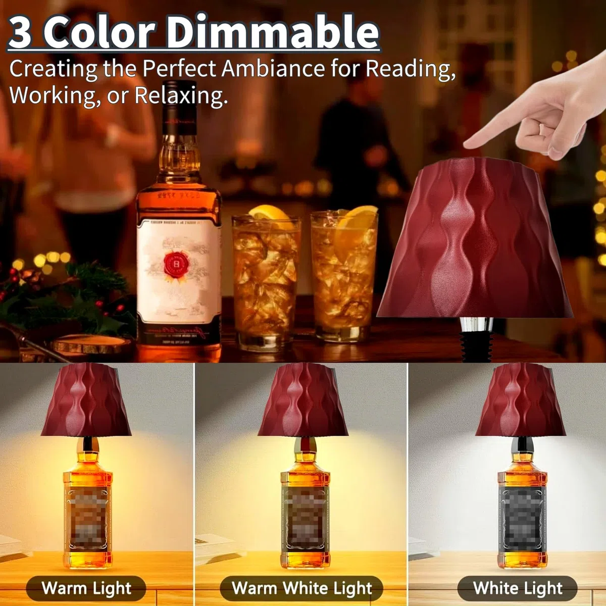 Generico Lampada per Bottiglia, Lampada per Bottiglia Senza Fili Lampade da Tavolo a Bottiglia Ricaricabile con Controllo Tattile, 3 Colori Dimmerabili per Casa, Bar e Ristoranti (Rosso)