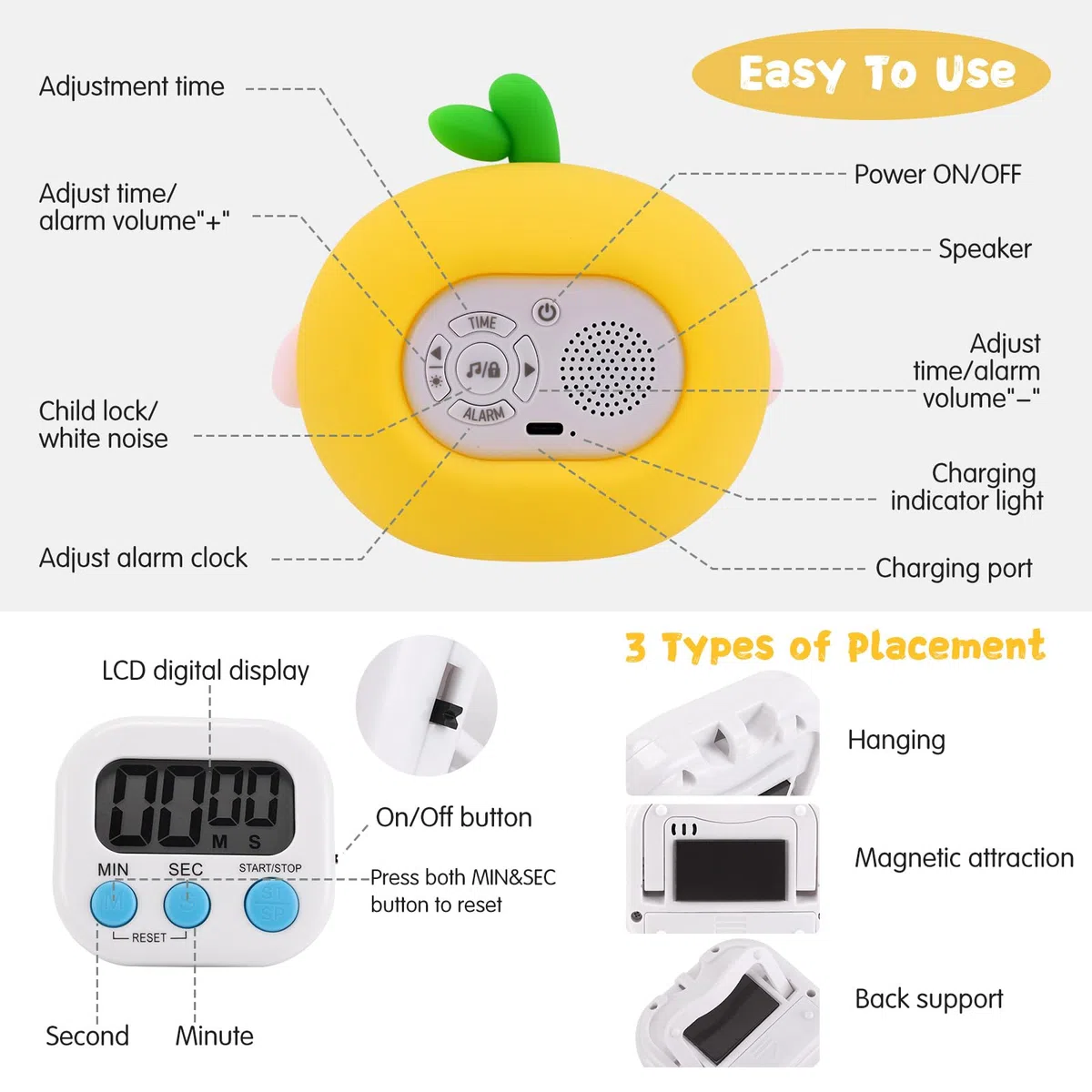 Sveglia Bambini Bambina Bambino Sveglie da Comodino Digitale LED Toddler Sleep Training Clock + Timer Trainer con Luce Notturna Ricaricabile Silicone Alarm Night Light Funzione Snooze Controllo Touch