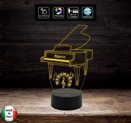 Generico Idea Regalo Musicista Piano Lampada LED Pianoforte Personalizzabile con Nome Musica - Acrilico e ABS - 7 Colori
