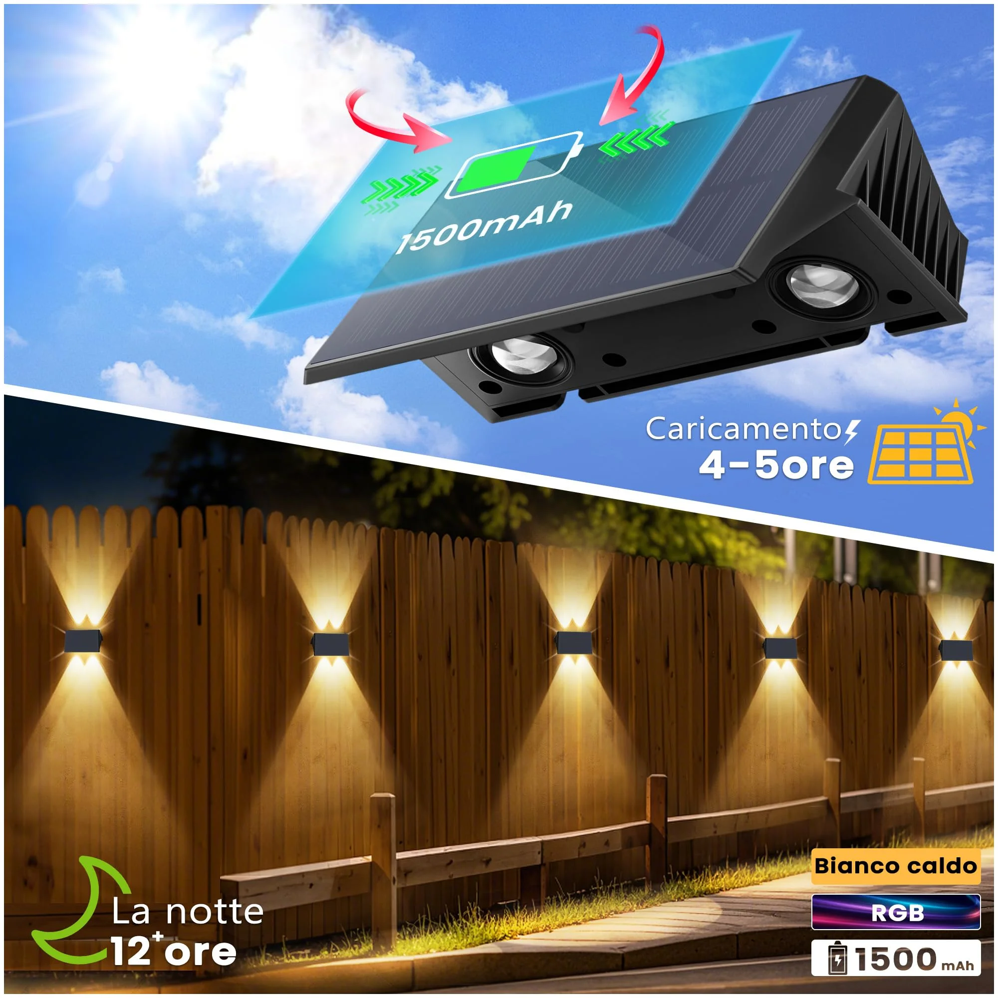 Lampada Solare da Esterno di 4 Pezzi Alto e Basso Luci Solari Esterno Energia Bianco Caldo Illuminazione per Esterni 100LM Applique da Solare IP67 per Muro Vialetto Giardino