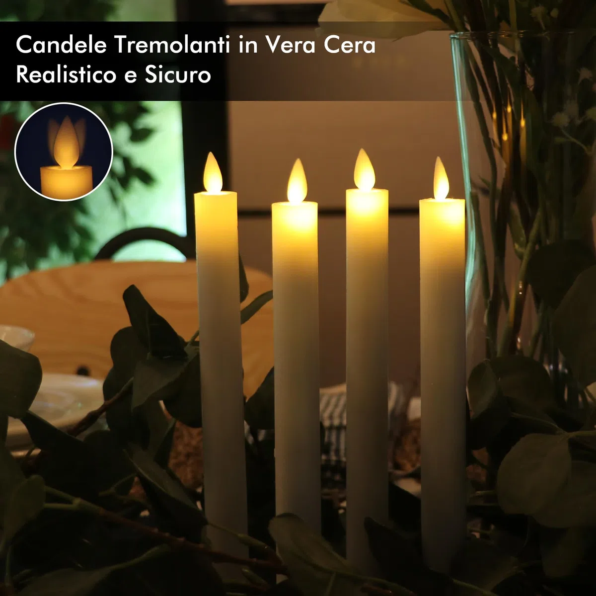 Fanna Set di 4 Candele Led Fiamma Oscillante, Candele Avorio Coniche con Telecomando e Batterie, Natale Decorazione luminosa Uso Interno H 24 cm
