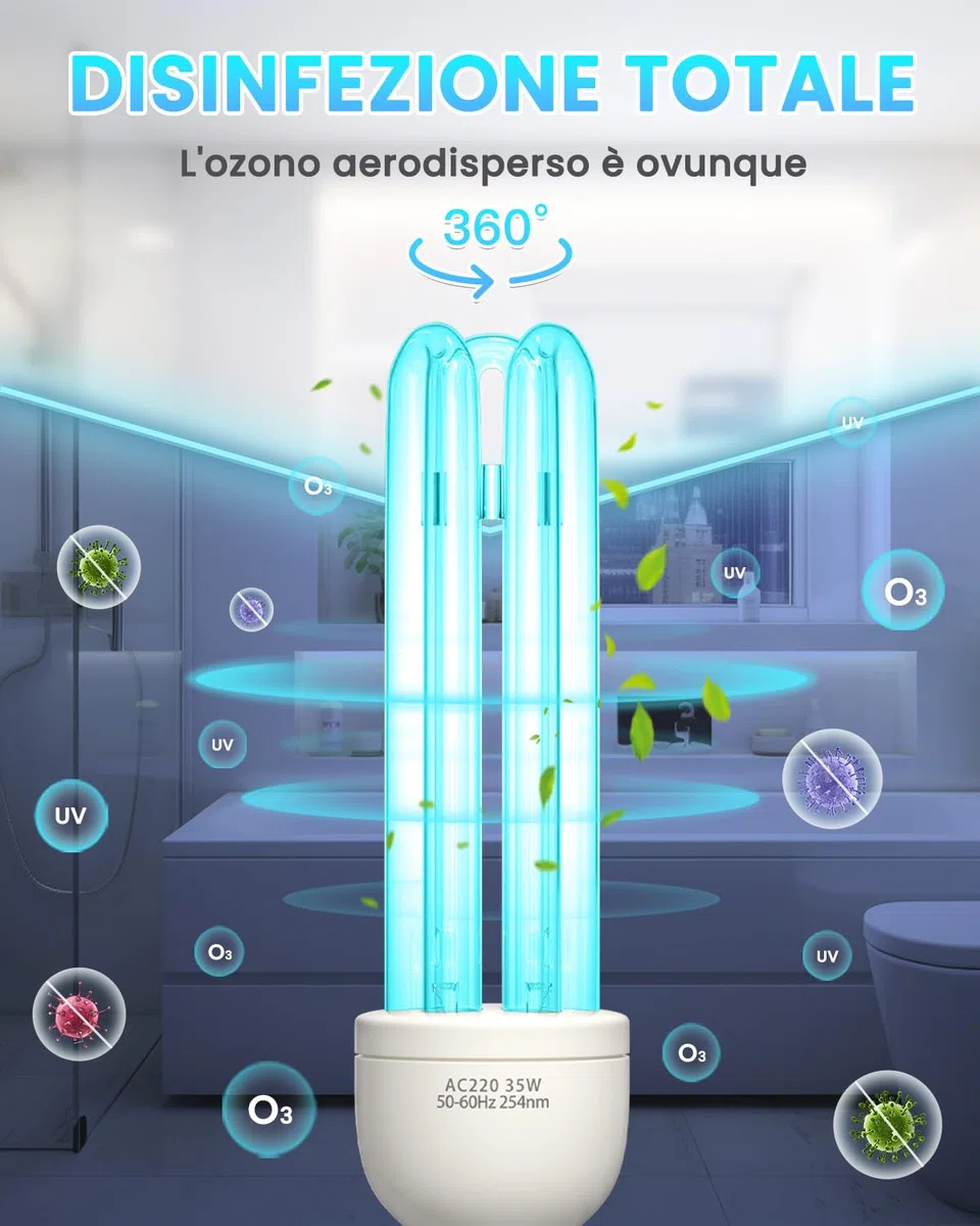 Lampada UV Ozono Lampada Germicida Raggi UVC E27 35W 254nm con Tubo al Quarzo Brine Ozono Contro Batteri Virus e Acari AC220-240V per Case, Lavatoi, Uffici, Ristoranti e Scuola Aria fresca