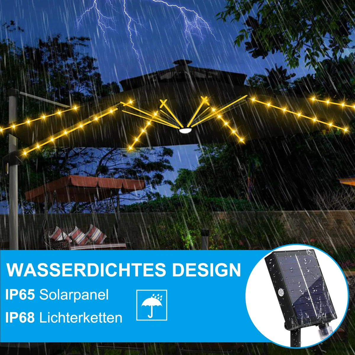 Illuminazione solare per ombrellone,104 LED Luci per Ombrelloni da Esterno con Telecomando e 8 Modalità,IP67 Impermeabile Catena di luci per ombrelli per Esterno, Giardino, Ombrelloni, Campeggio