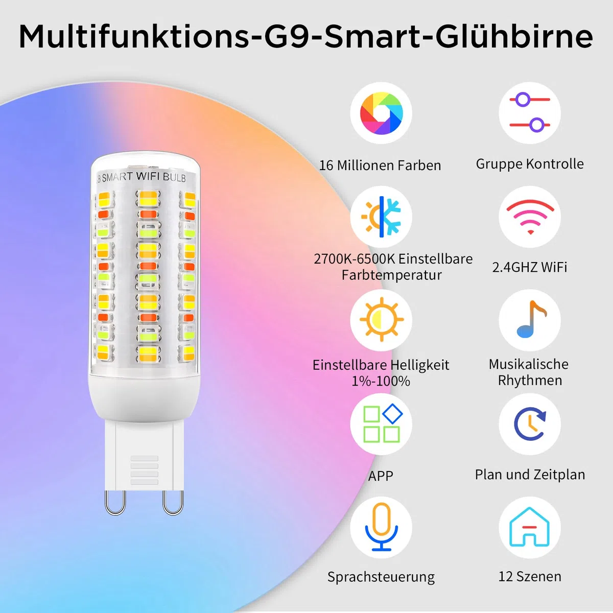Wi-Fi RGBCW Smart G9 lampadine LED, compatibile con Alexa /Google Home, AC 230V Multicolore dimmerabile, 2700K-6500K, luminosità regolabile 1%-100%, 4W, 400LM, con sincronizzazione musicale Lampadina