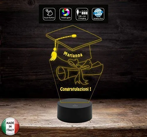 Generico Idea Regalo Laurea Lampada LED 7 Colori Tocco Personalizzabile con Nome da Scrivania in Acrilico e ABS