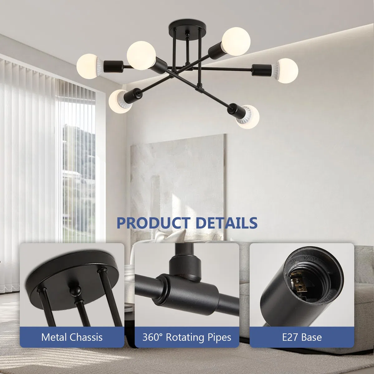 YOODI Lampadario Industriale, 6 Luci Plafoniera Sputnik Vintage, E27 Moderno Lampada da Soffitto in Ferro Nero per Camera da letto, Soggiorno, Sala da Pranzo, Diametro 52cm (Lampadina non inclusa)