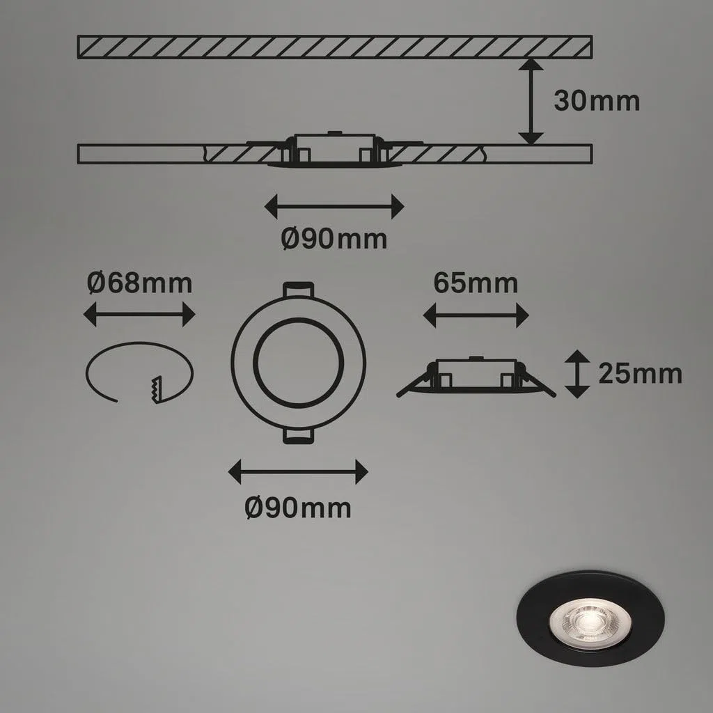 BRILONER - Set di 4 luci LED da incasso a soffitto, luci da incasso ultrapiatte, faretti da incasso per bagno, faretti da incasso per bagno IP44, nero opaco, 90x25 mm (DxH)