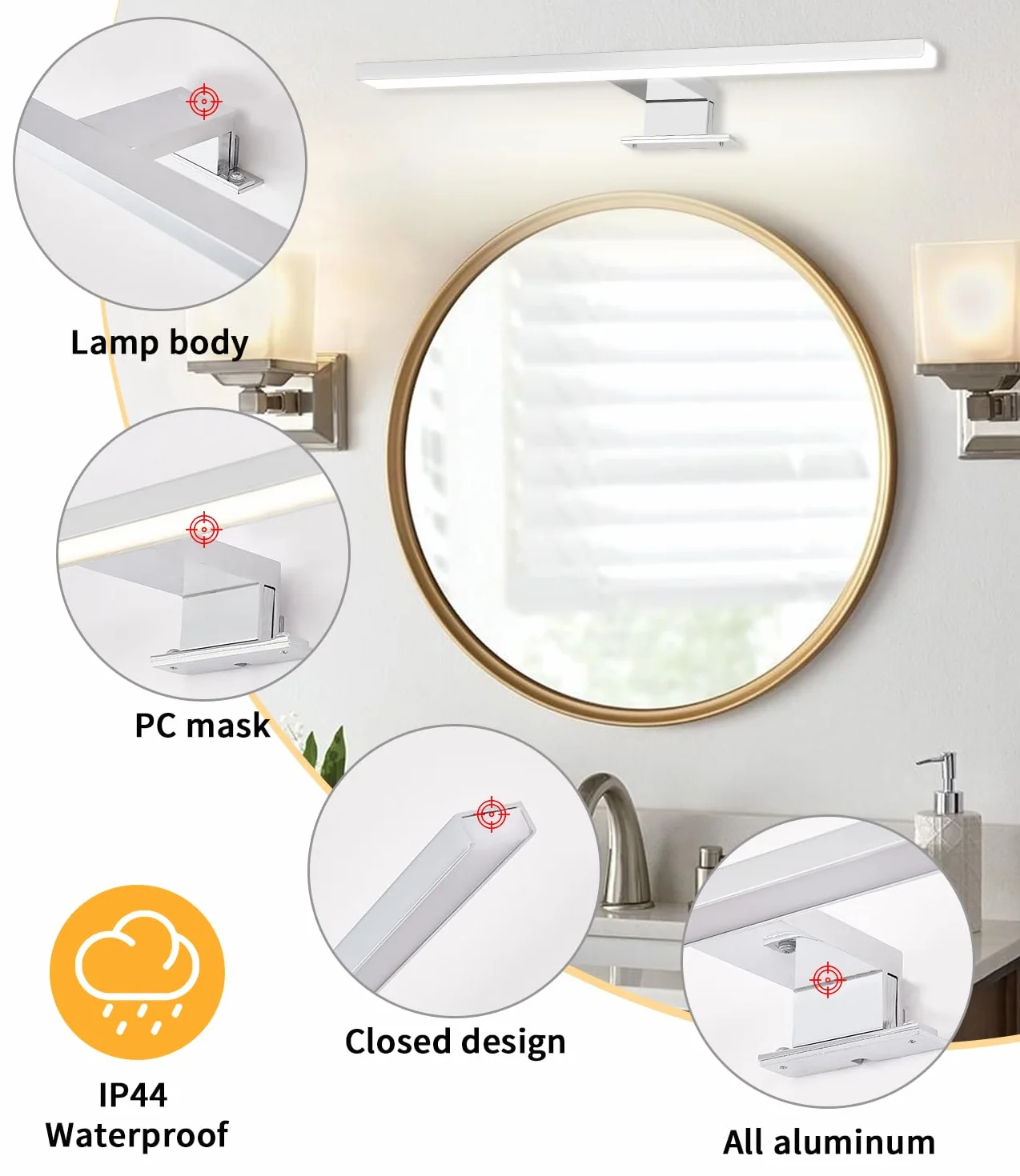 Lampada Bagno LED, 4000K 6000K Temperatura Bicolore, 40cm 12W Specchiera Bagno Impermeabile dello Specchio dell'alluminio con l'interruttore Cablaggio, Illuminazione Della Luci Specchio Mobile