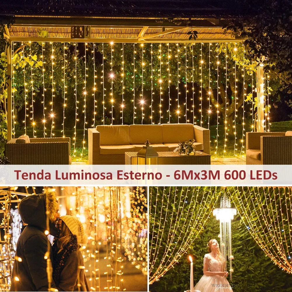 Zorela 600 LED 6Mx3M Tenda Luminosa Natale Esterno Interno Prolungabile Luci di Natale IP44 Impermeabile con 8 Modalità Tenda Luci Esterno per Natale, Giardino e Matrimonio