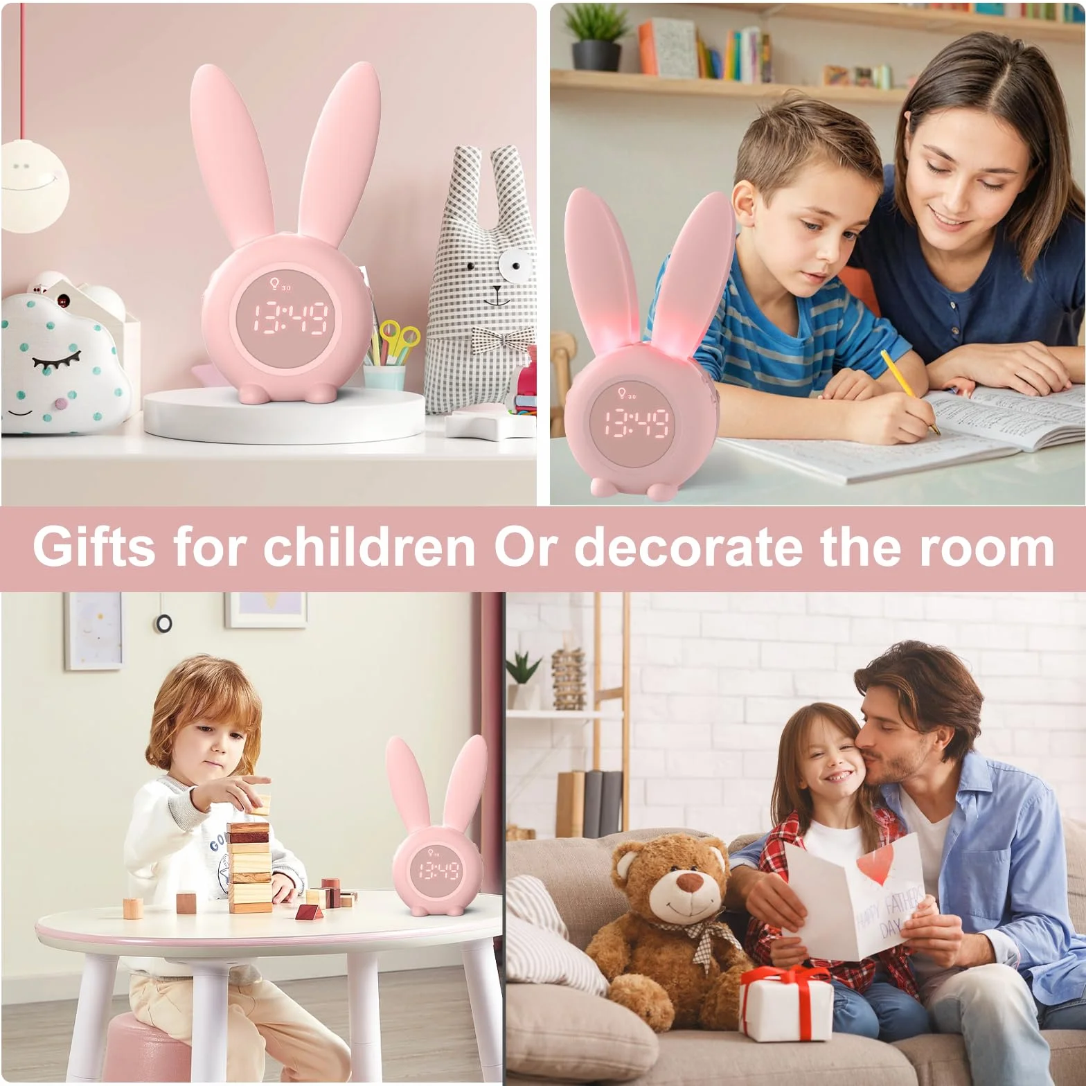 Homealexa Sveglia Bambini da Comodino Sveglia di Coniglio con Luce Notturna Funzione Snooze Timer Lampada Orologio da Tavolo Sveglia Ricaricabile Senza Fili Regalo per Ragazzi Studenti (Rosa)