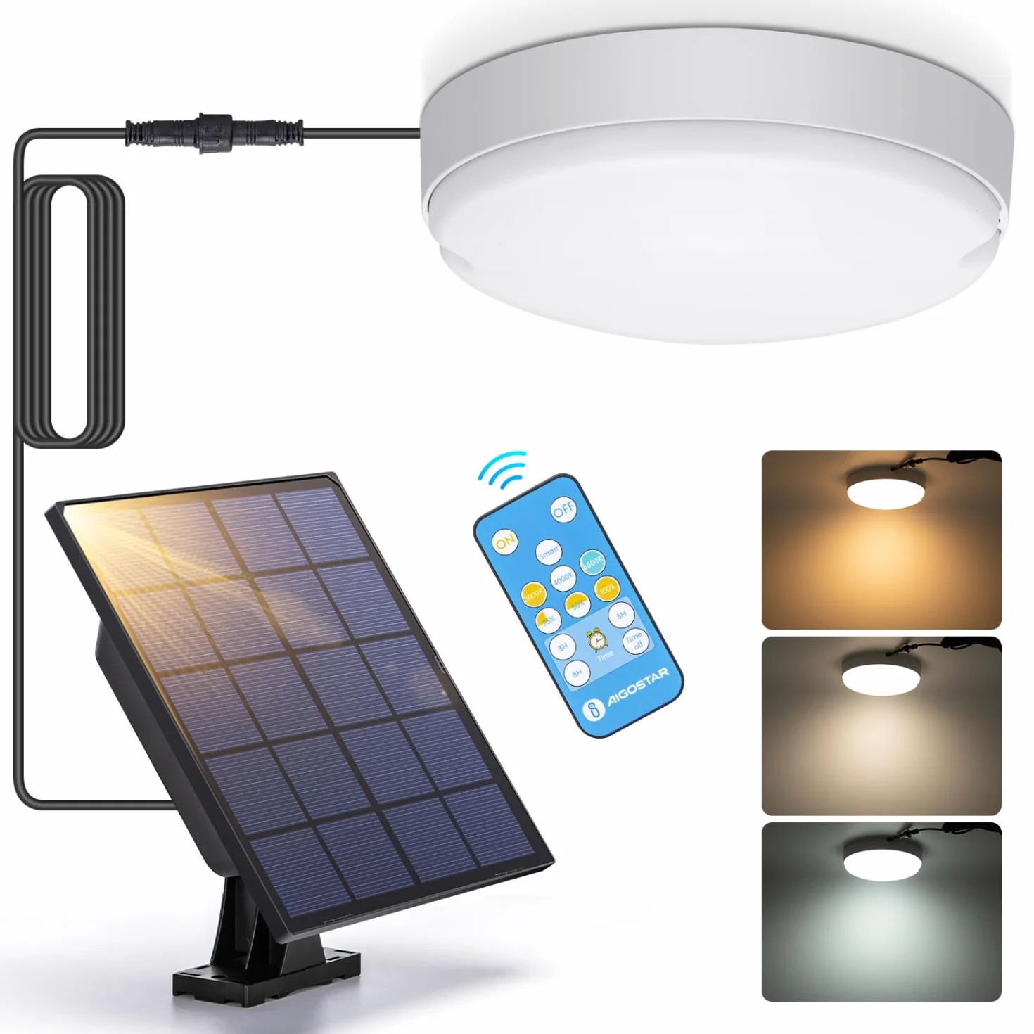 Aigostar Luce Solare Led Esterno con Telecomando 50W 500LM Lampade da Esterno solari IP65 Impermeabile plafoniera solare per interni/esterni, regolabile 3000K/4000K/6500K, Lunghezza cavo 3M