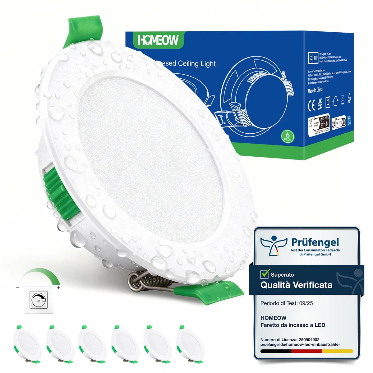 HOMEOW Faretti LED da Incasso per Cartongesso Dimmerabili 5W, Faretti da Incasso Foro 68mm, Calda Naturale Fredda Regolabili Faretto LED Incasso, IP44 per Bagno, Set da 6