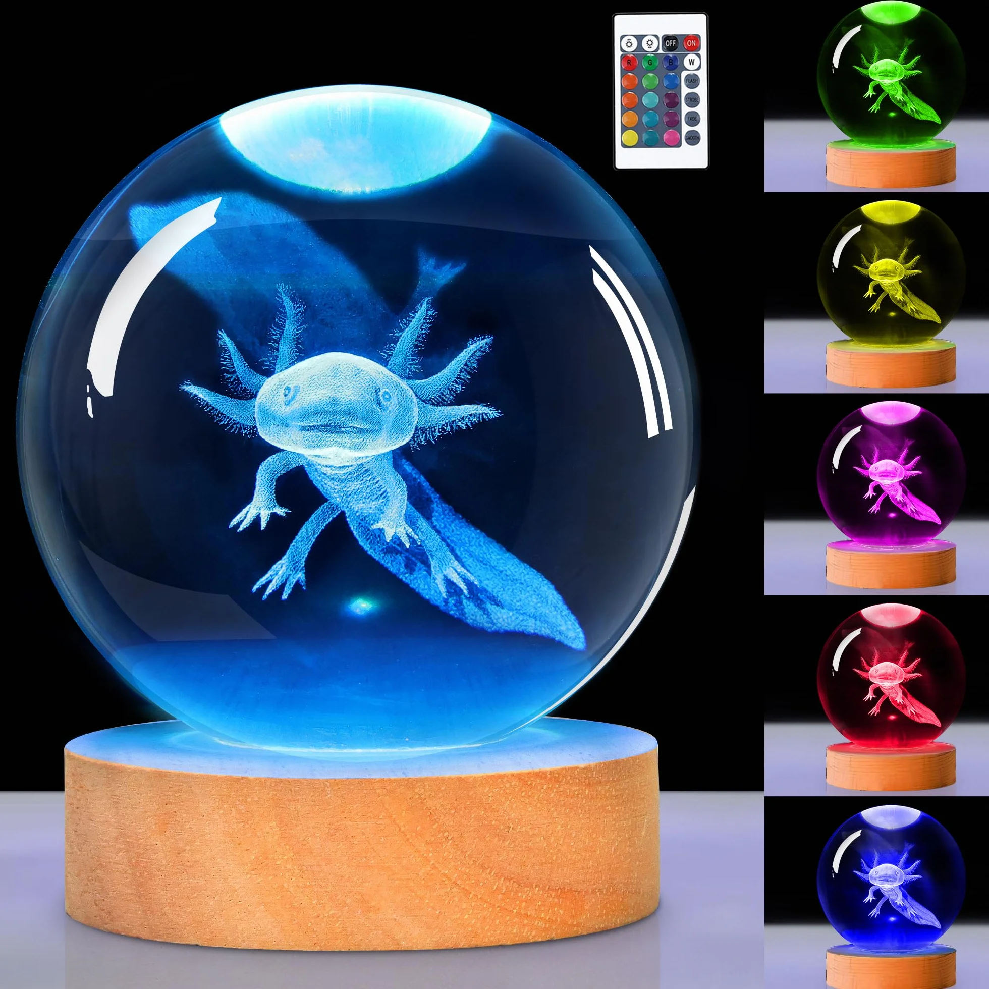 OkiyiD Axolotl, sfera di cristallo 3D, luce notturna con telecomando, lampade a sfera in vetro per amici, compleanni, vacanze, fantastici giocattoli decorativi per ragazzi e ragazze
