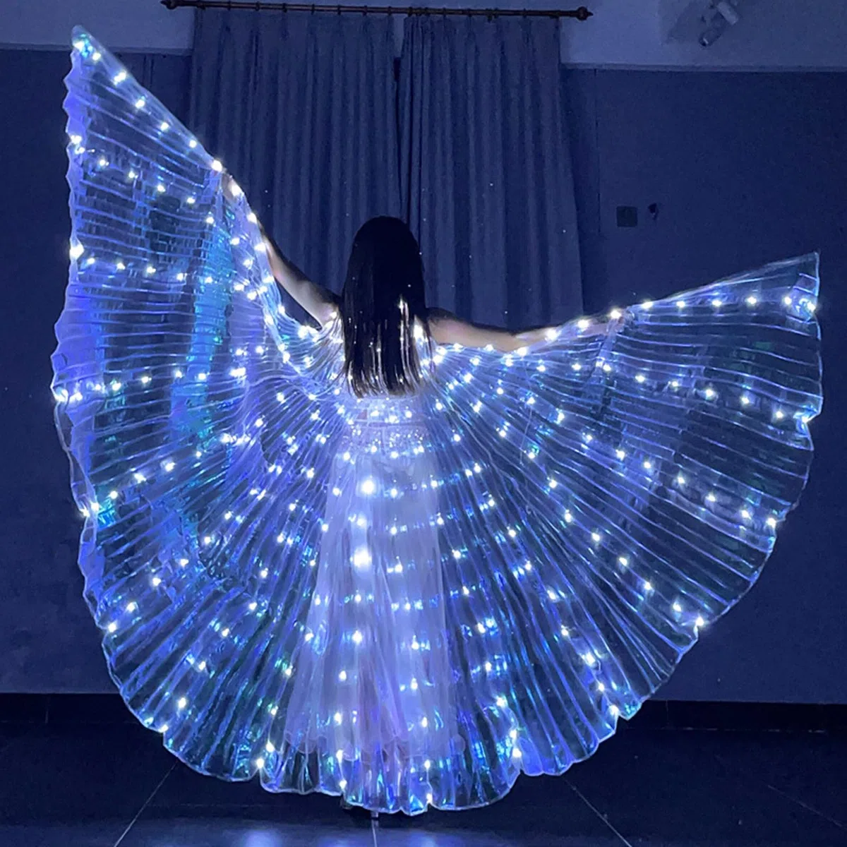 Ali da danza a LED con asta telescopica 360, design con chiusura, funzionamento a batteria, con ali di farfalla illuminate a LED, con cavo di prolunga (adulto, luce bianca)