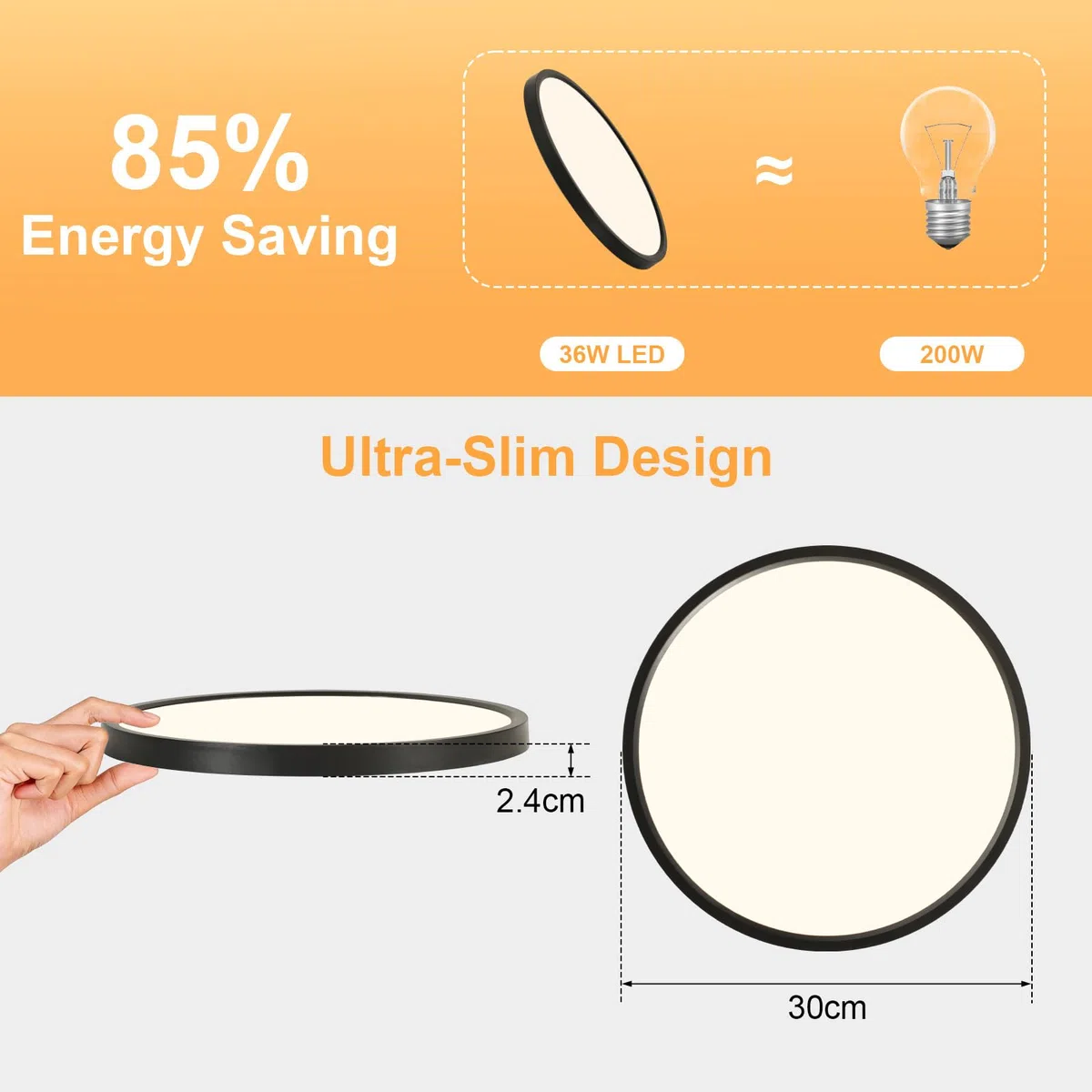 OTREN Plafoniera LED Soffitto 36W, Lampada Bagno Moderna Rotondo 3240LM, Lampadario Luce per Soggiorno, Camera da Letto, Cucina, Ufficio, Balcone, IP44, Ø30CM*H2.4CM, 4000K Bianco Naturale