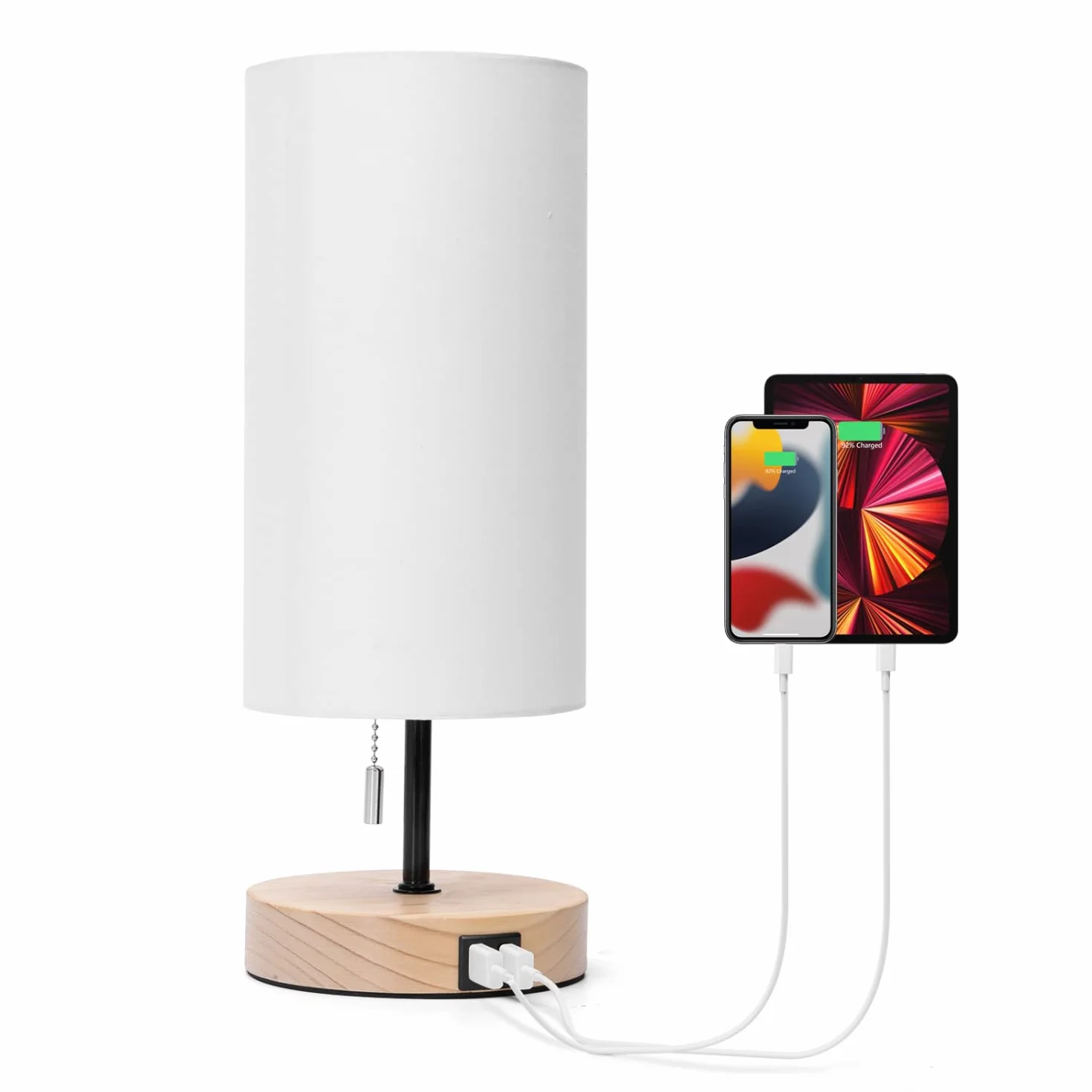 Aigostar Lampada da Comodino con 2 Porte di Ricarica USB, Lampada da Tavolo E27 con Interruttore a Tirare, Base in Legno, Lampada da Scrivania per Soggiorno, Camera da letto, Ufficio - Bianca