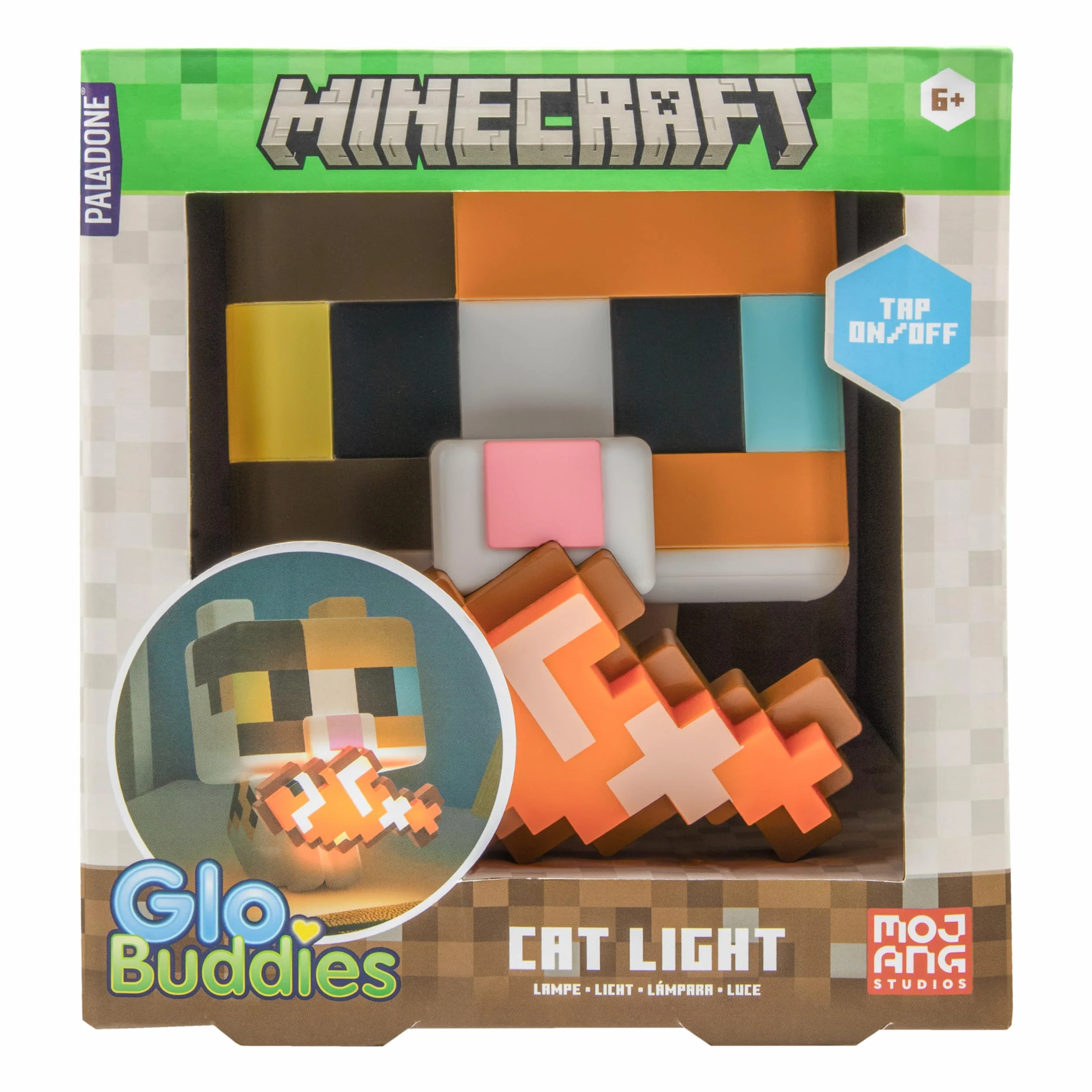 Paladone Minecraft Cat GloBuddies Light, 15cm Tap‑to‑On Lamp with Light‑Up Fish, AA Battery Powered, Officially Licensed