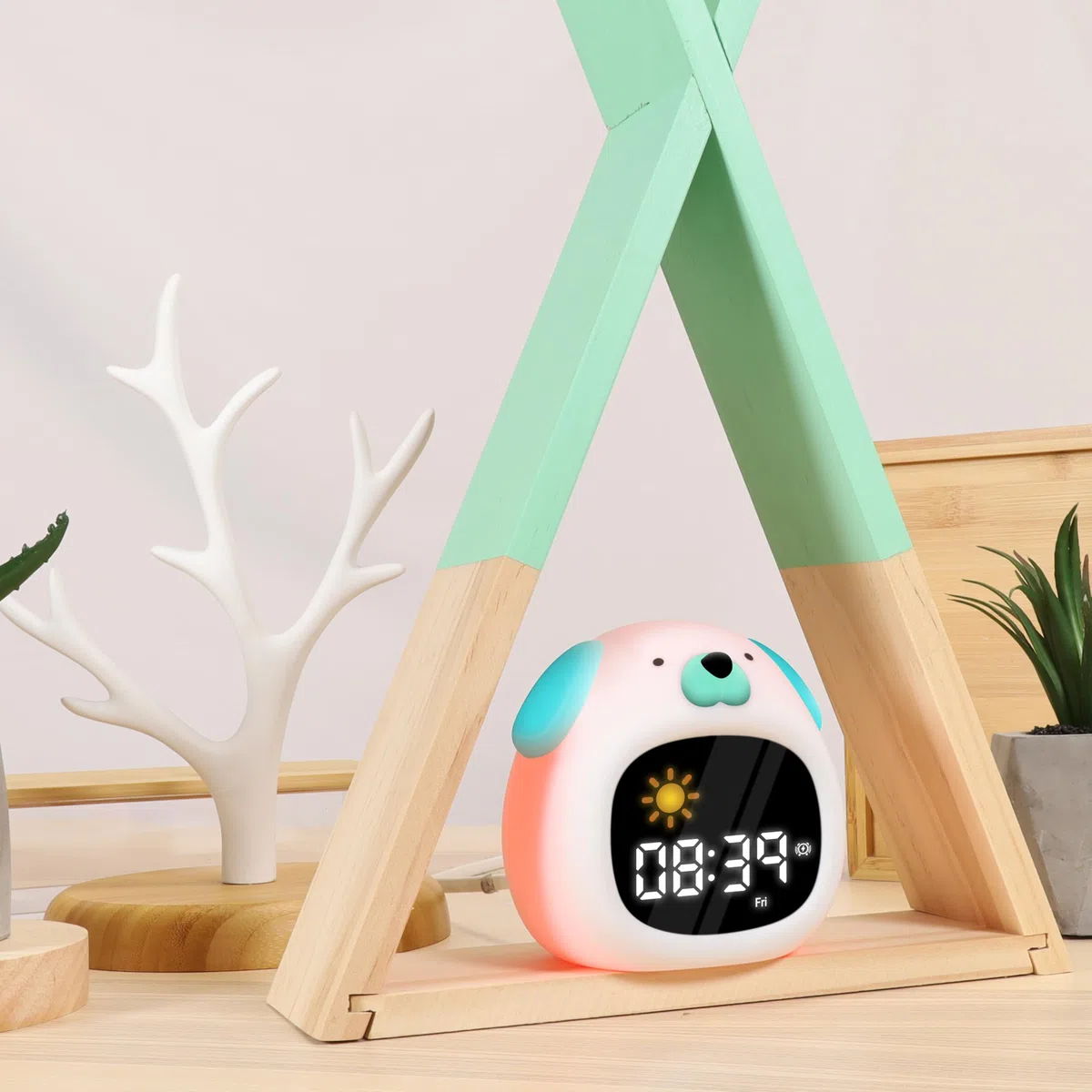METRONIC 477537 - Sveglia per bambini educativa con cane con luce notturna per ragazza e ragazzo, visualizzazione orologio digitale, apprendimento pedagogico intelligente giorno notturno, con batteria