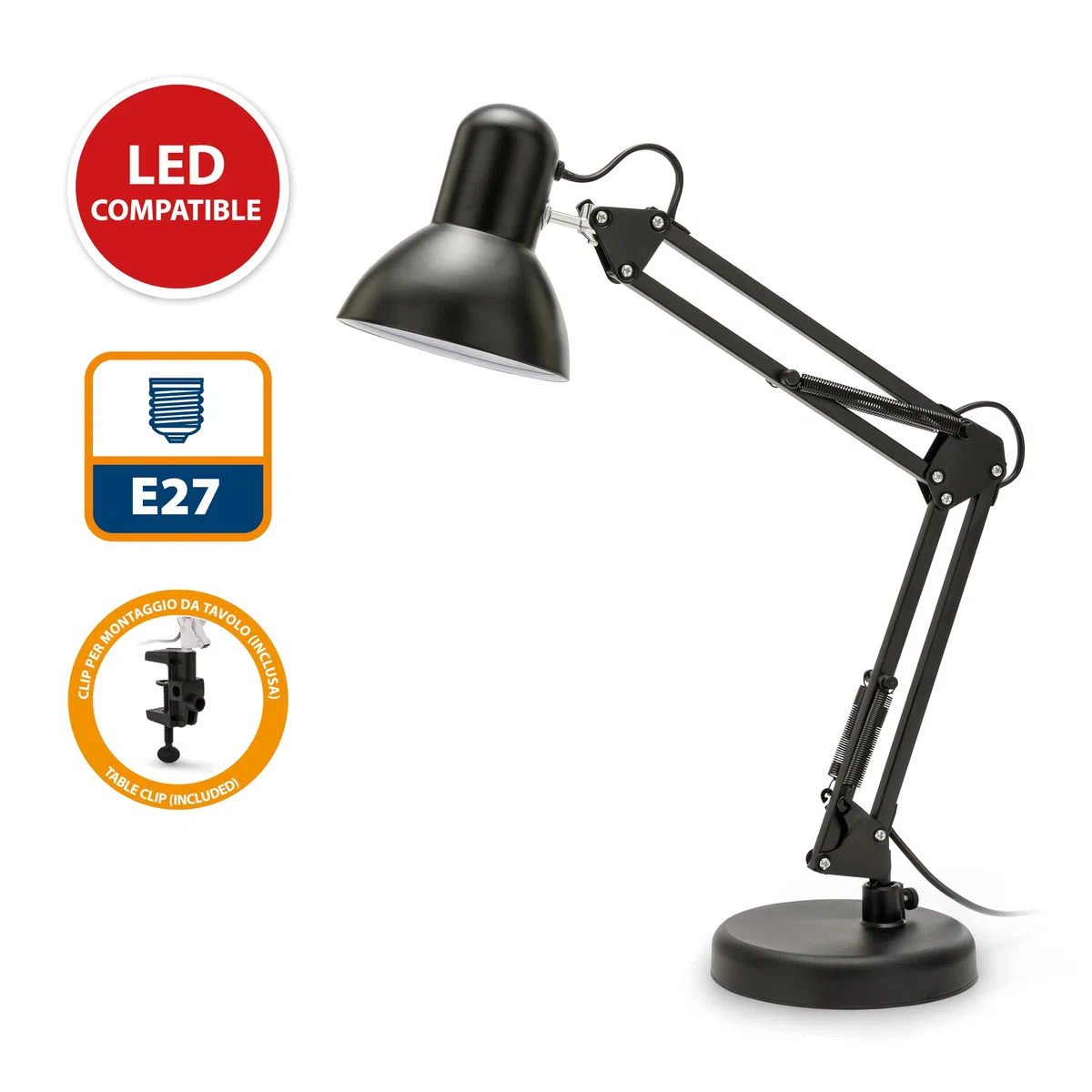 VELAMP - Lampada da Tavolo con Braccio Regolabile Charleston XL, Lampada da Scrivania Design Moderno, Abat Jour da Comodino per Lettura con Pinza da Tavolo - Attacco Lampadina E27, Cavo 150cm - Nera