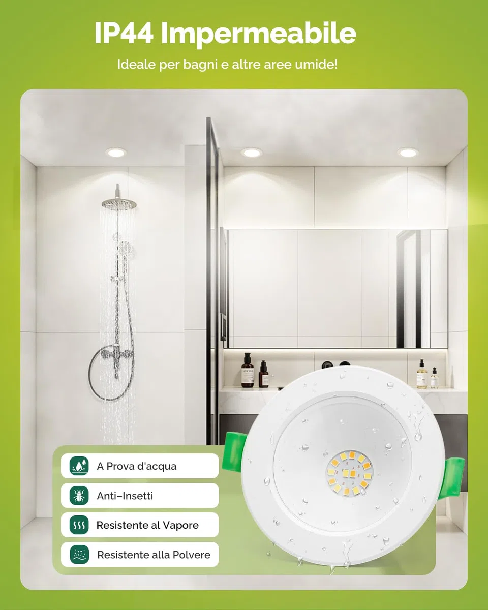 Fondiiz Faretti Led da Incasso per Cartongesso, 4W 570LM Luci da Soffitto Interno Regolabile Caldo 3000K Neutro 4500K Freddo 6000K, IP44 Faretto Risparmio Energetico per Bagno, Foro Ø68-80mm, Set di 6