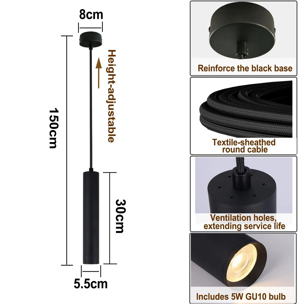 Lampada a Sospensione Cilindro GU10 5W Bianco Caldo, Comodino Camera da Letto, Moderna per Cucina Soggiorno Ristorante, Nero, 30cm, 1 Pezzo