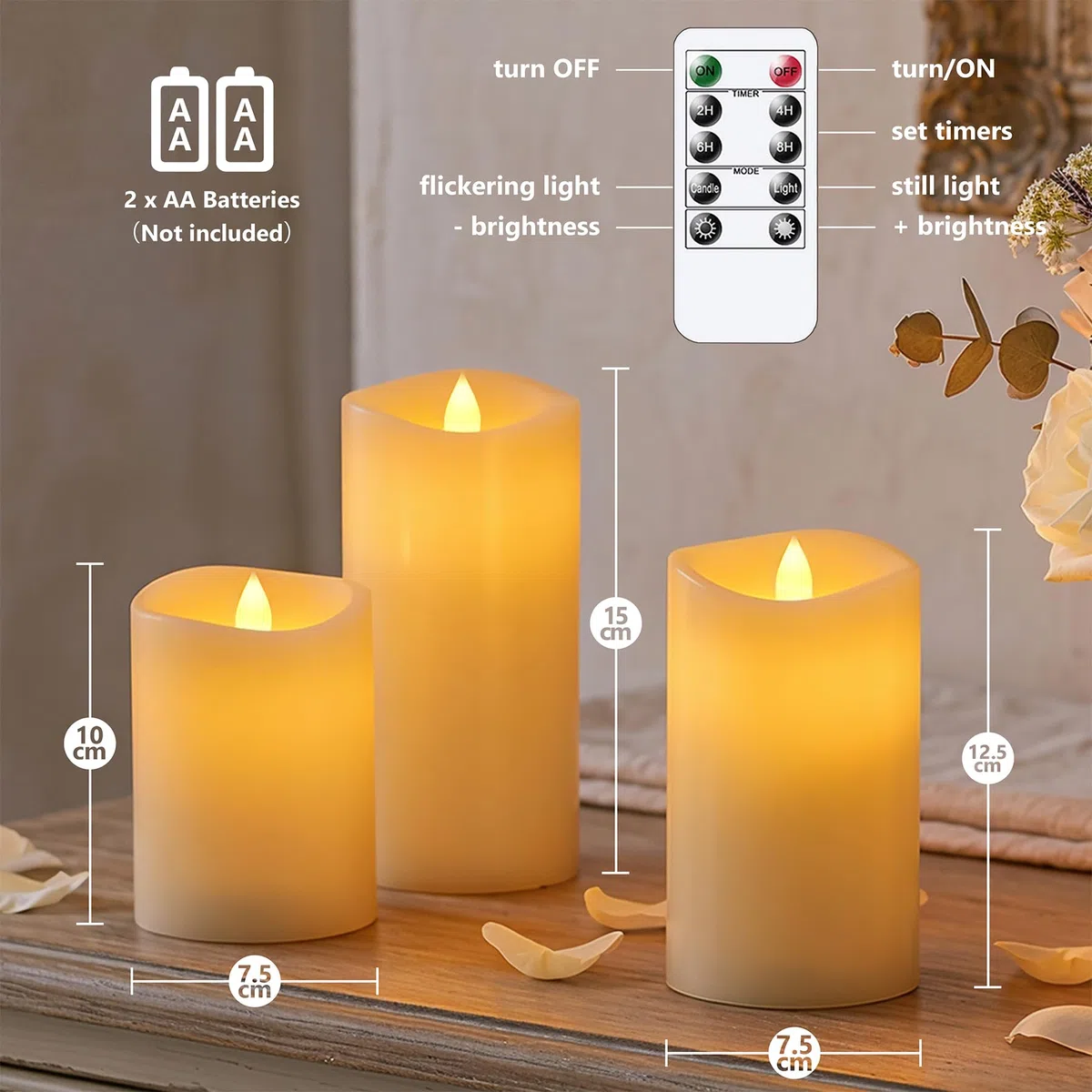 Candele LED con temporizzazione sfarfallante e stoppino mobile in vera cera, Telecomando senza fiamma Confezione da 3 batterie elettriche Avorio 7,5 cm x 10 12,5 15 cm