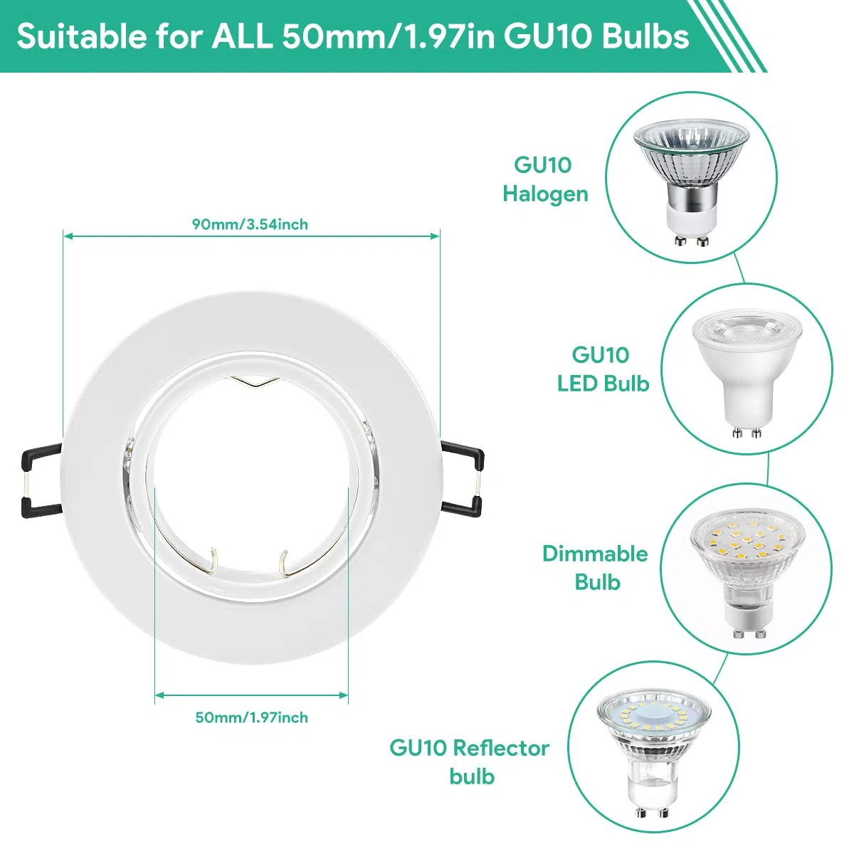 Tailcas Cornice Faretti LED da Incasso GU10 per cartongesso, 10 Pezzi Portafaretto in Gesso Bianco Orientabile 30°, Rotondo Cornici Faretto Incasso incl.Portalampada GU10, Per 50mm LED e Alogeno