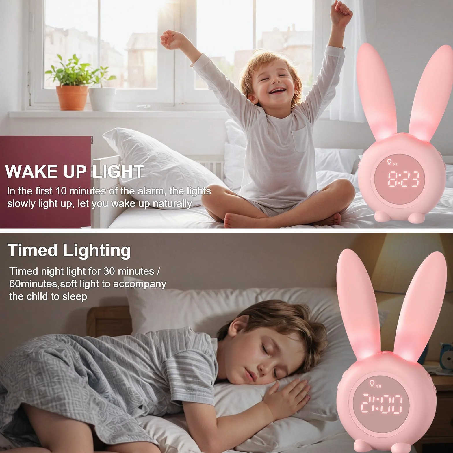 Homealexa Sveglia Bambini da Comodino Sveglia di Coniglio con Luce Notturna Funzione Snooze Timer Lampada Orologio da Tavolo Sveglia Ricaricabile Senza Fili Regalo per Ragazzi Studenti (Rosa)