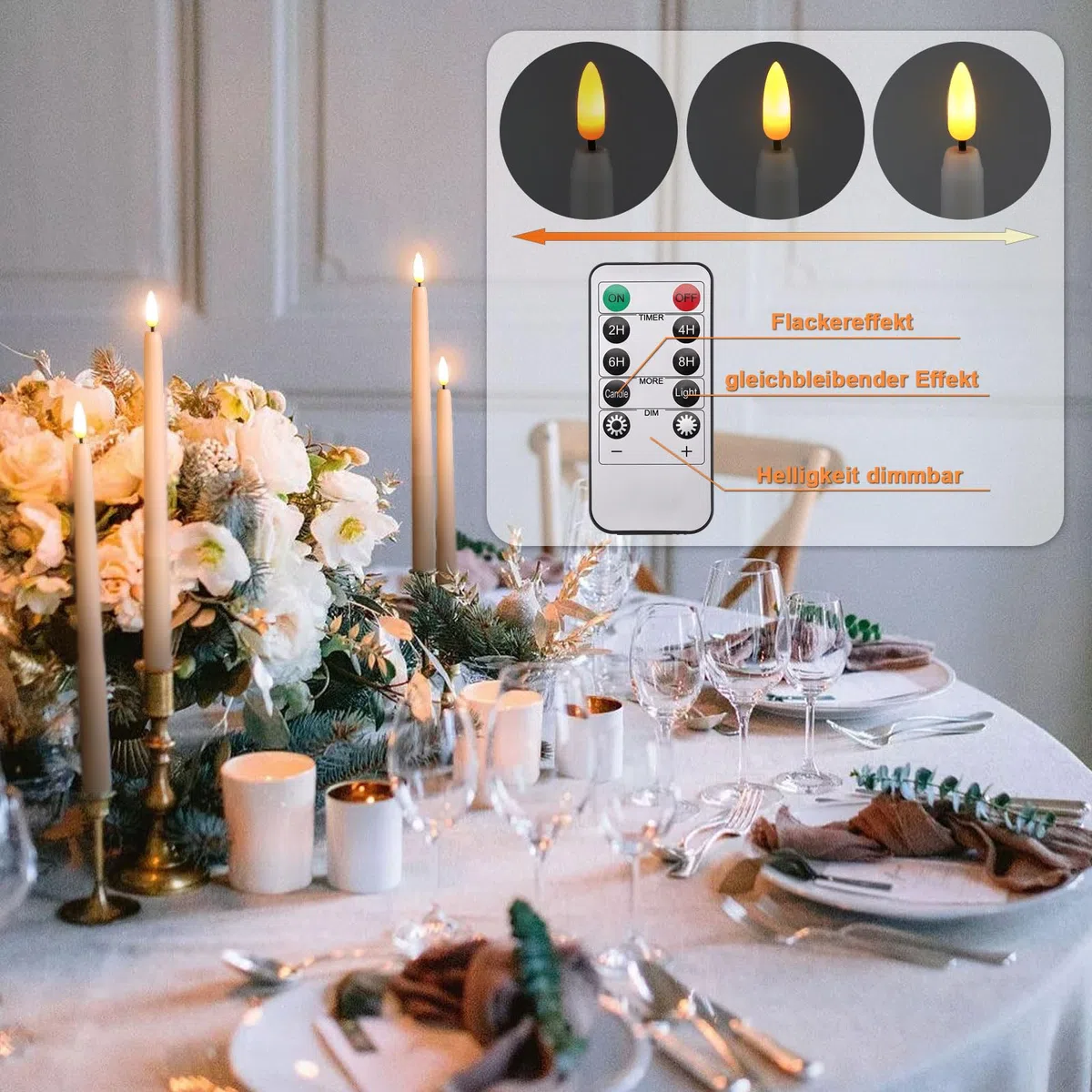 IMAGE Candele a LED senza fiamma, funzionamento a batteria, confezione da 12 candele affusolate color avorio con telecomando e timer, luce tremolante realistica per matrimoni, Natale, San Valentino
