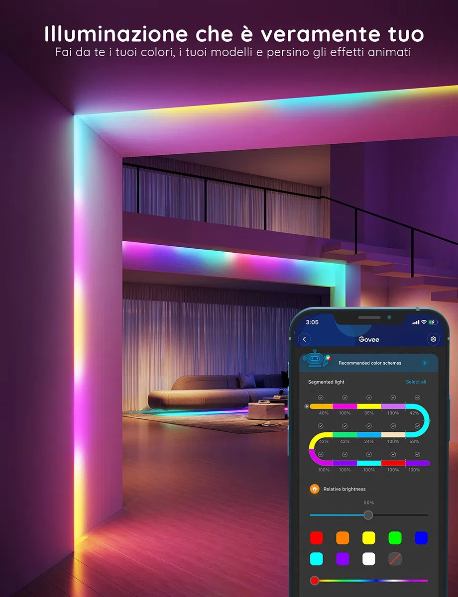 Govee Striscia LED 5 Metri, Strisce RGBIC Funziona con Alexa Google Assistant e APP, DIY Segmentato Sync Musicale per Luci LED Camera da Letto, Soggiorno, Cucina, Giochi