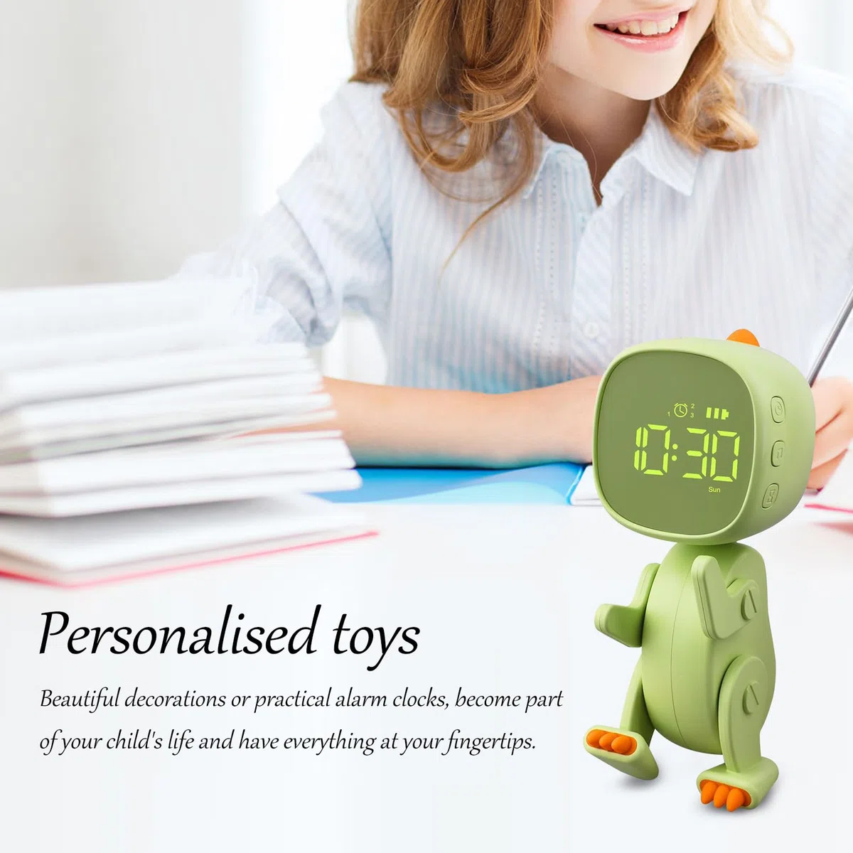Sveglia per bambini ragazza ragazzo sveglia digitale per bambini luce notturna dinosauro orologio Snooze, con 3 gruppi di allarmi, suono e luminosità regolabili in ricarica USB, verde