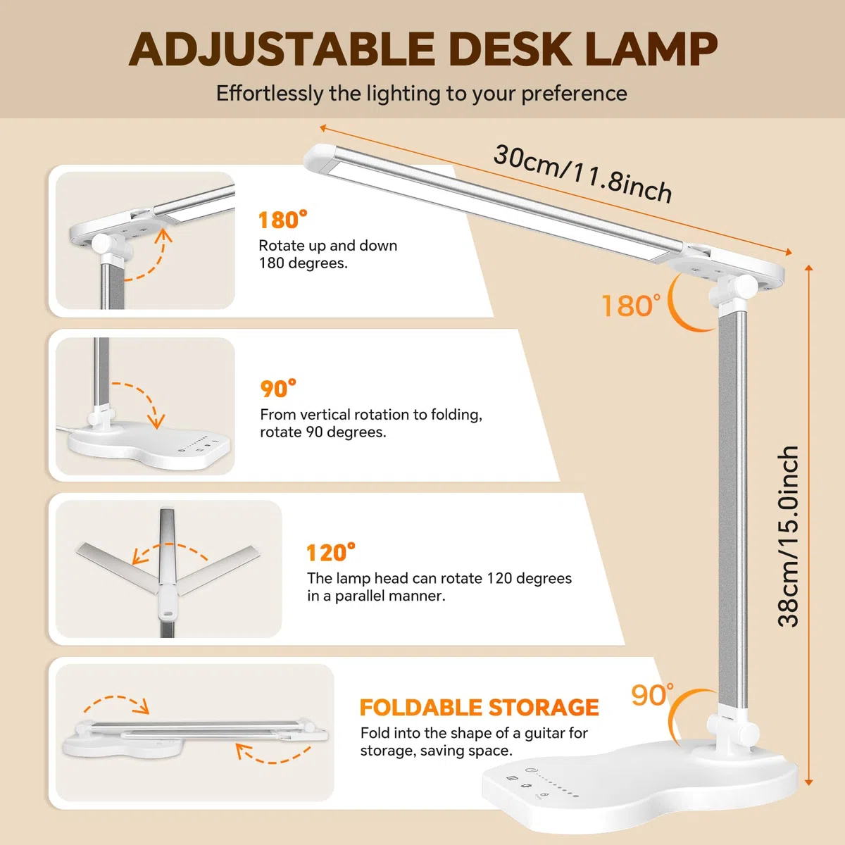 Caldarax Lampada da Scrivania LED, Lampada da Tavolo, 5 Colori e 10 Livelli di Luminosità, Porta USB/Timer/Tocca Controllo, Lampade da Comodino Pieghevole per Lettura, Lavoro, Studiare(Bianco)