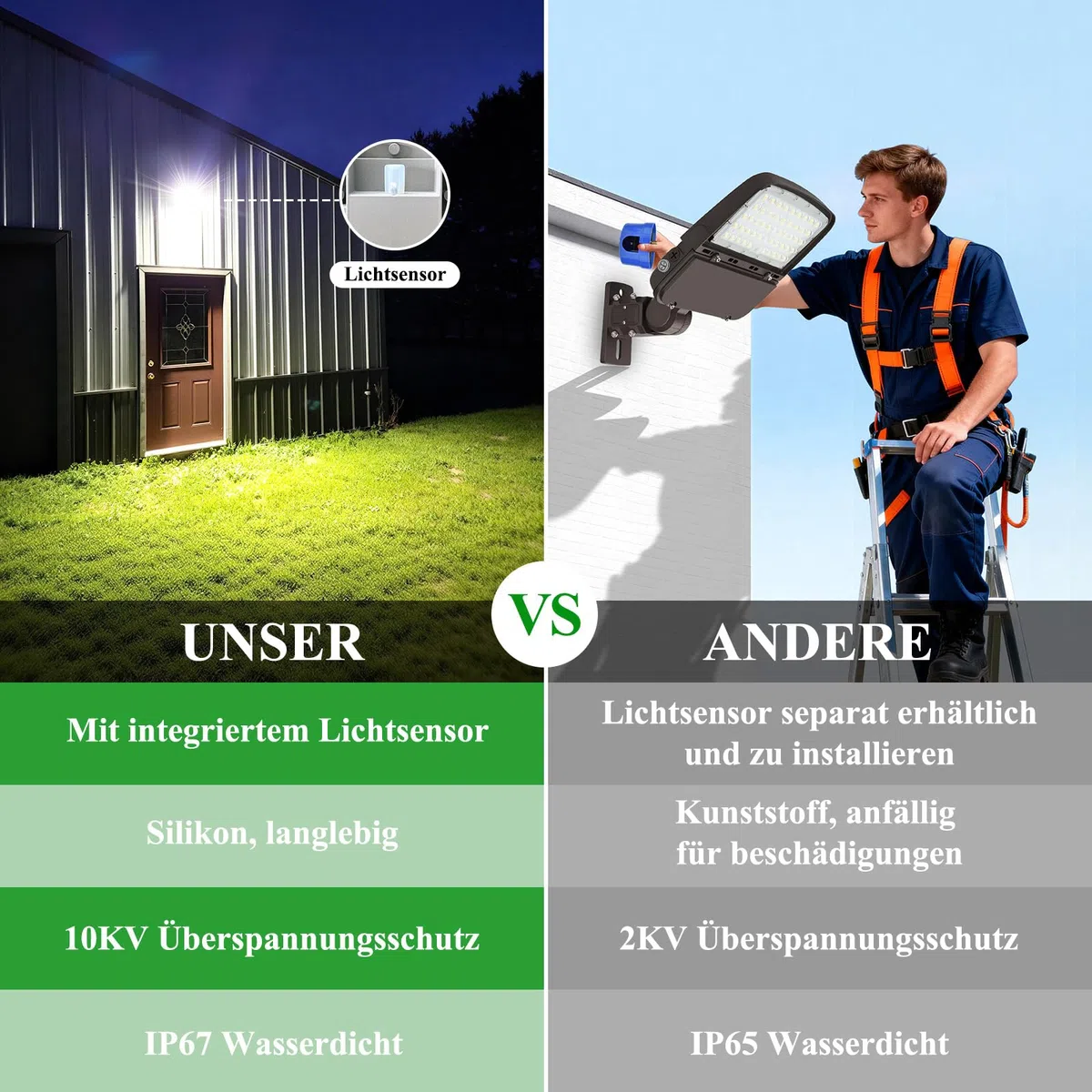 Faretto LED da 50 W, per esterni, 7000 lm, al crepuscolo fino all'alba, 6500 K, luce bianca fredda, con sensore crepuscolare, IP67, impermeabile, regolabile, 180° per giardino, cortile