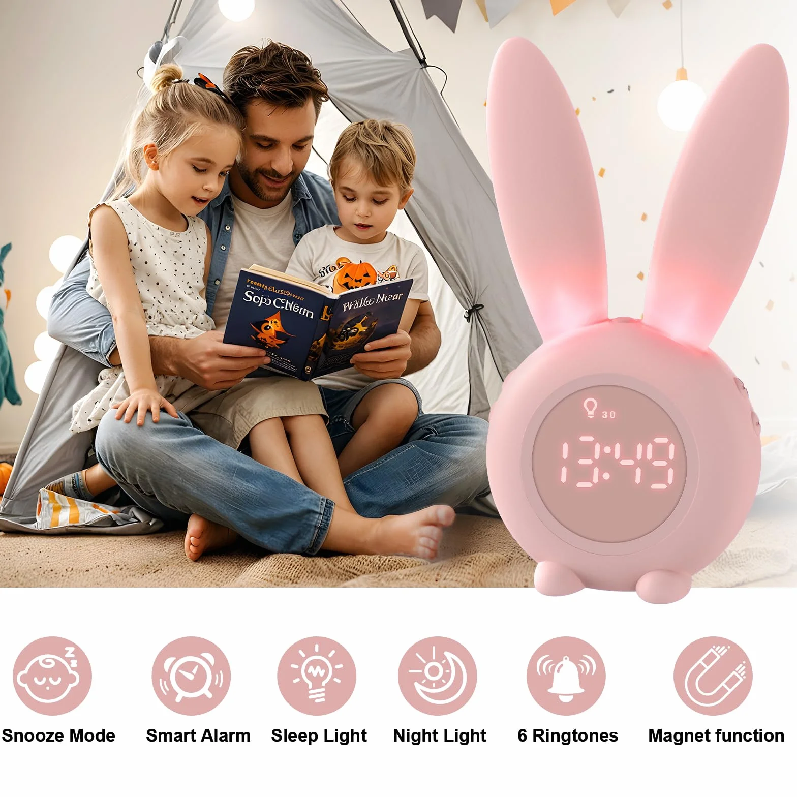 Homealexa Sveglia Bambini da Comodino Sveglia di Coniglio con Luce Notturna Funzione Snooze Timer Lampada Orologio da Tavolo Sveglia Ricaricabile Senza Fili Regalo per Ragazzi Studenti (Rosa)