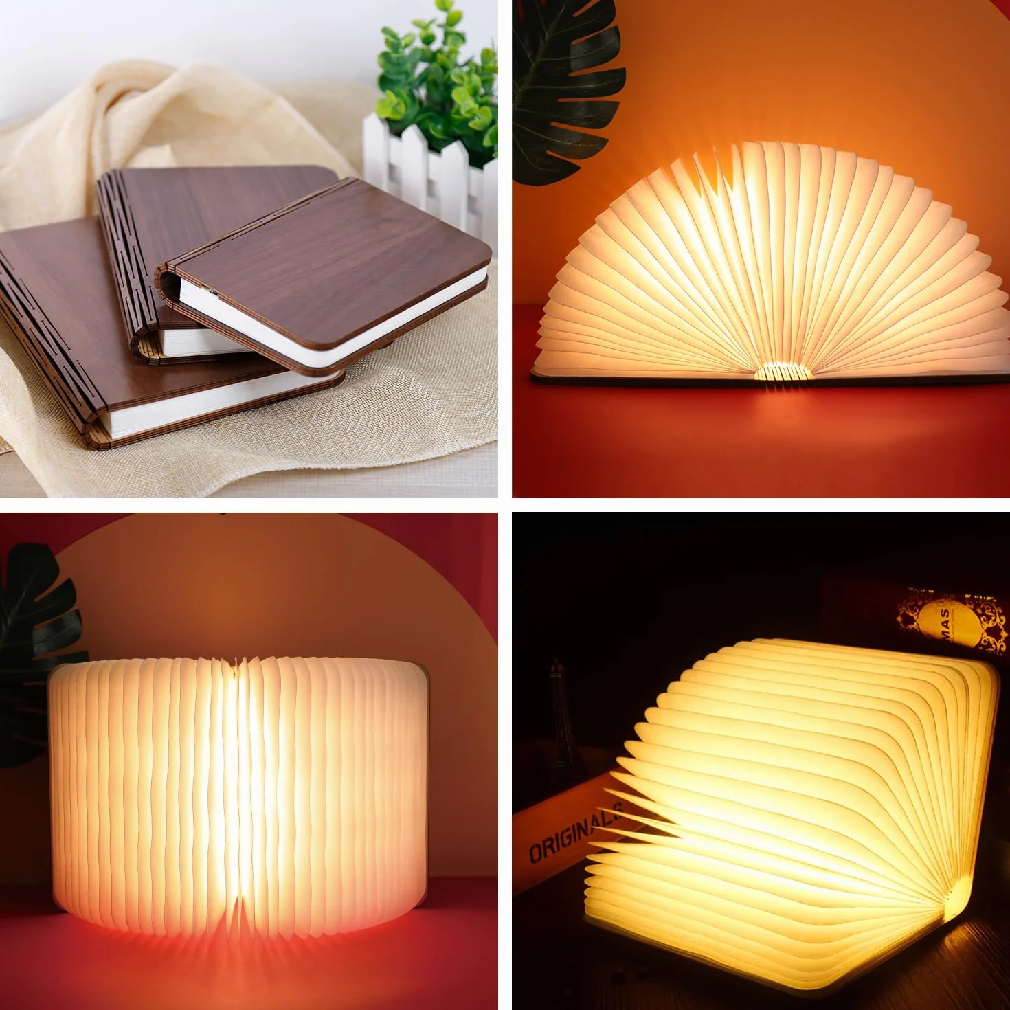 Lampada da Libro in Legno, Lampada Pieghevole a 3 Colori, Luce Ambientale LED con USB-C, Regalo di Natale e Compleanno (12 cm in Noce)