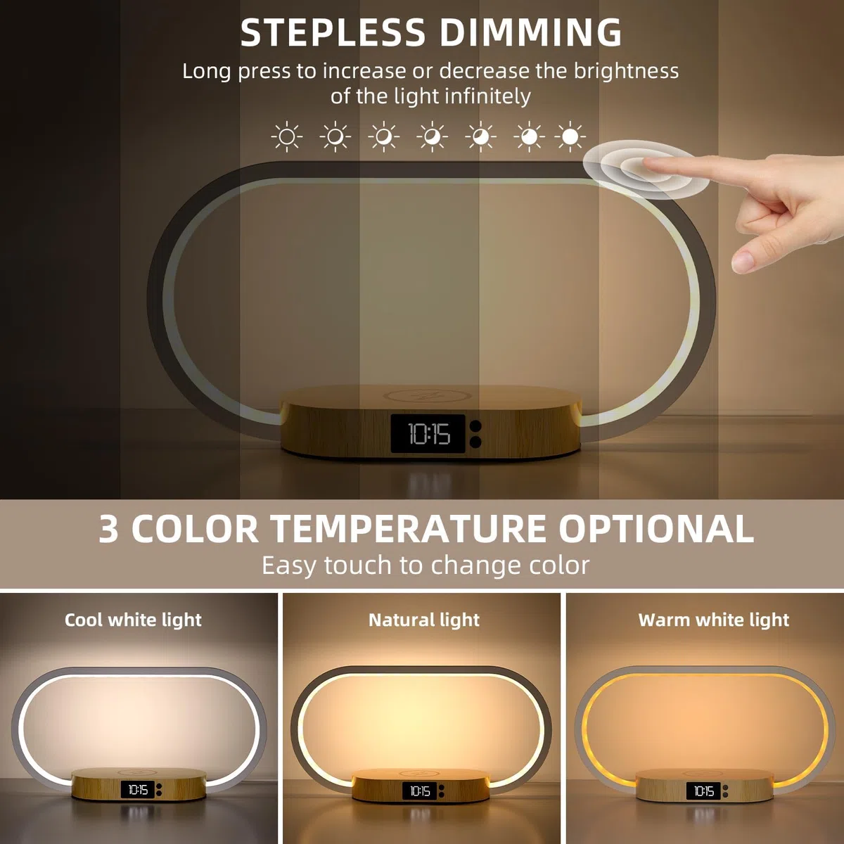 m zimoon Lampada da comodino con caricabatterie wireless veloce, lampada da camera da letto con orologio, lampade da tavolo per comodino, lampade touch per camera da letto, 3 modalità colore