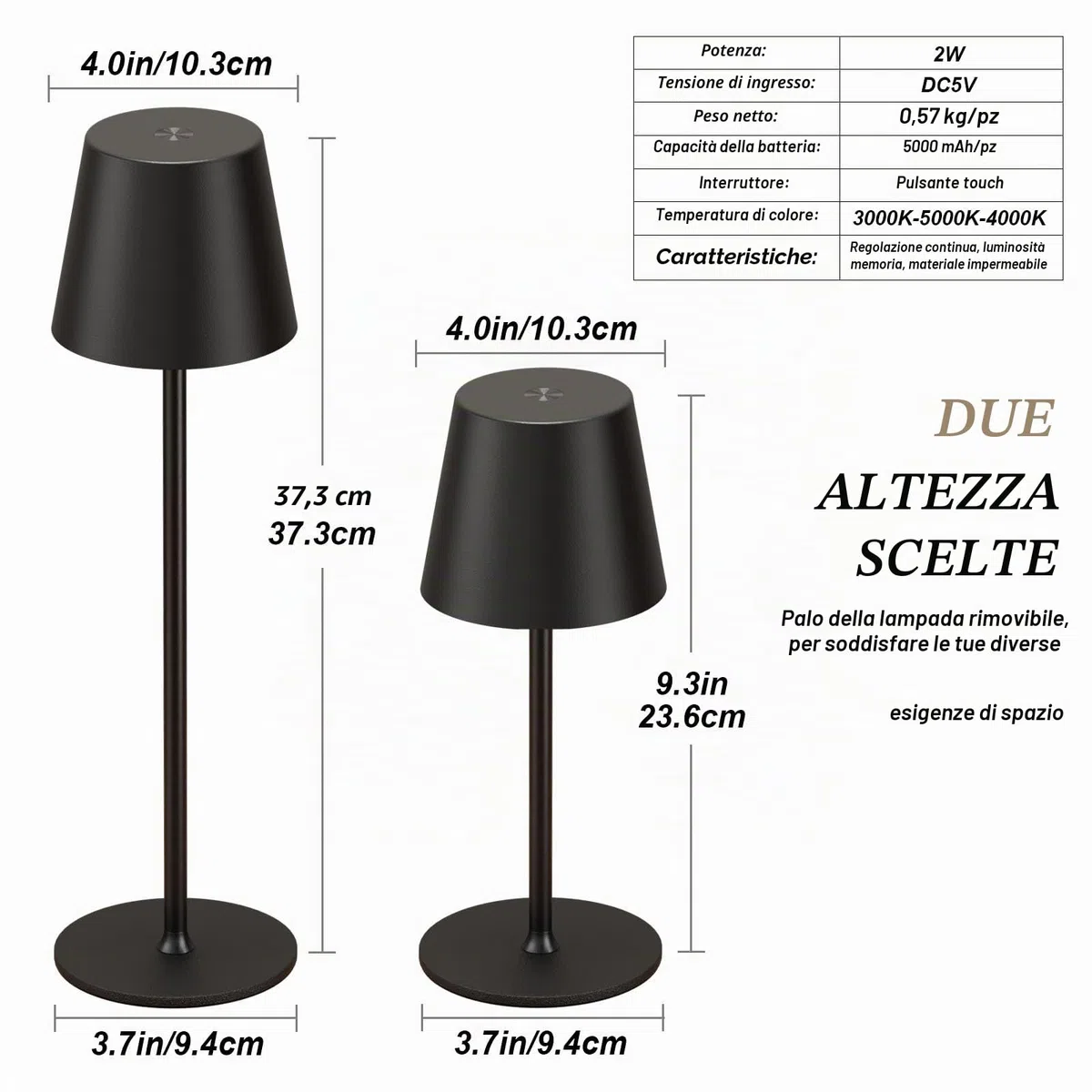 Lampada da Tavolo Senza Fili LED Dimmerabile, 3 Modalità di Colore, Lampada da Comodino Touch Ricaricabile per Camera da Letto, Soggiorno, Campeggio all'aperto Esterno Verande(Nero)