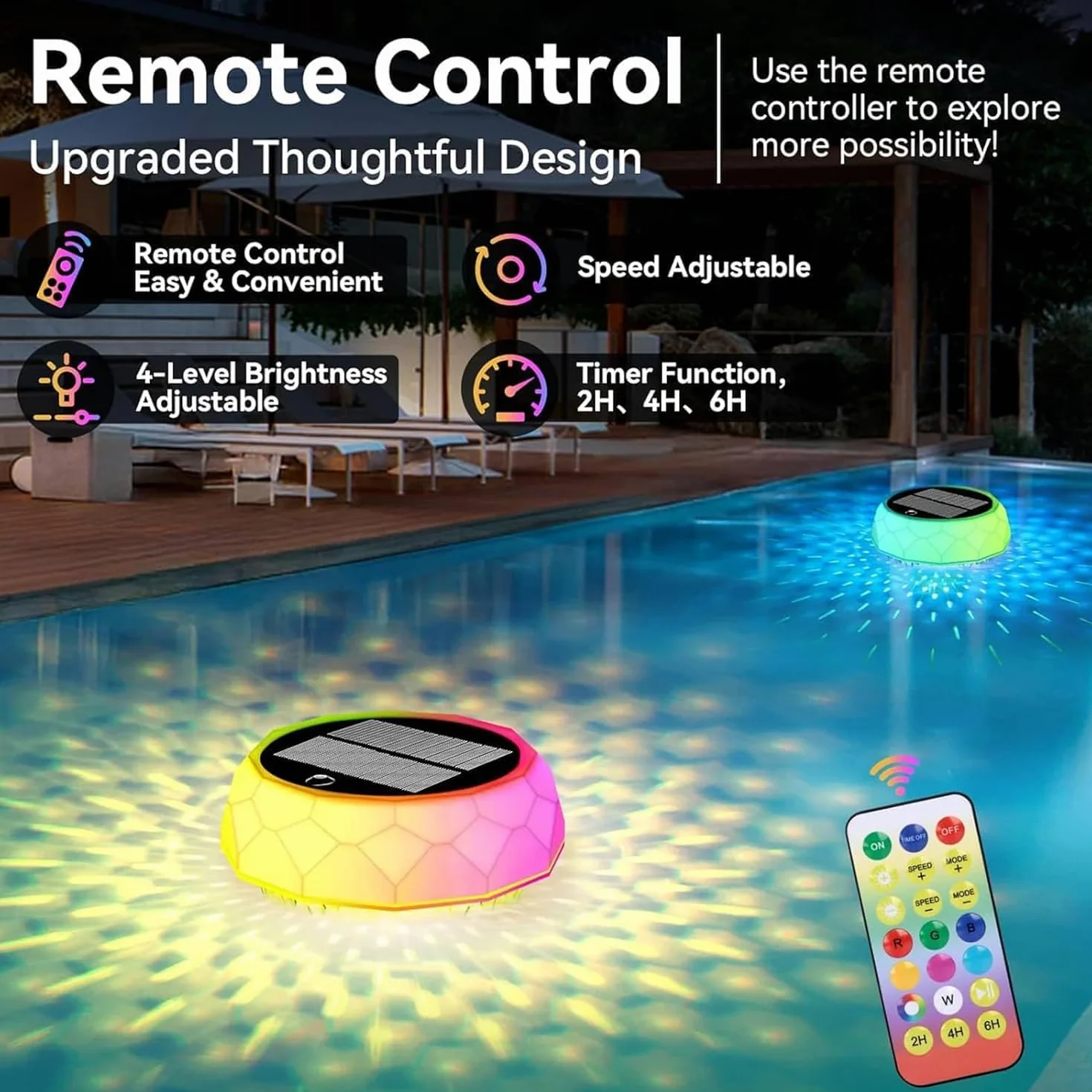 Joycome Luci Piscina Solari Fuori Terra IP68 Impermeabili Illuminazione Solare Piscina con Telecomando, Luci per Piscina Subacquea LED RGBCW Luce Piscina per Esterno Laghetto Festa - 1 Pacco