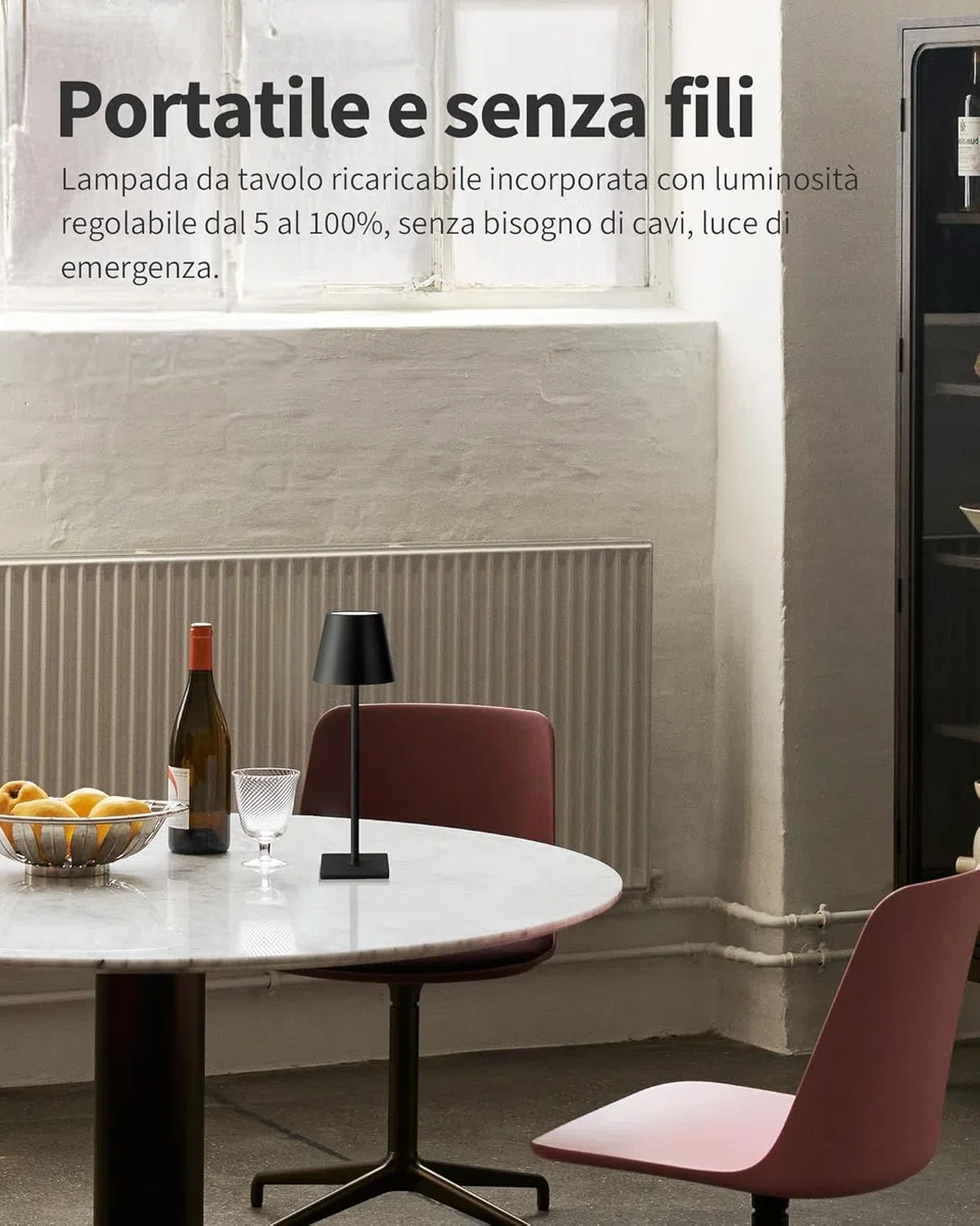 2 Pezzi Lampada da Tavolo LED Ricaricabile Senza Fili – Dimmerabile Touch, 2400mAh, 3 Tonalità (2700K-6000K), Design Moderno per Interno ed Esterno, Camera da Letto, Soggiorno, Giardino, IP54 (Nero)