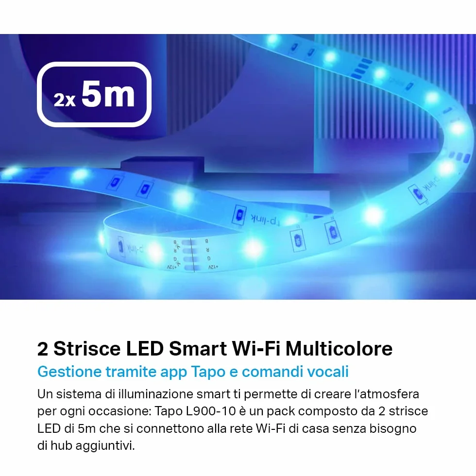 Tapo L900 Smart Wi-Fi Striscia LED, Controllo Vocale Compatibile con Alexa e Google Assistant, 2 Confezioni L900-5 con 1 Alimentatore, Sync-to-Music, Accorciabile e Controllo dall'APP
