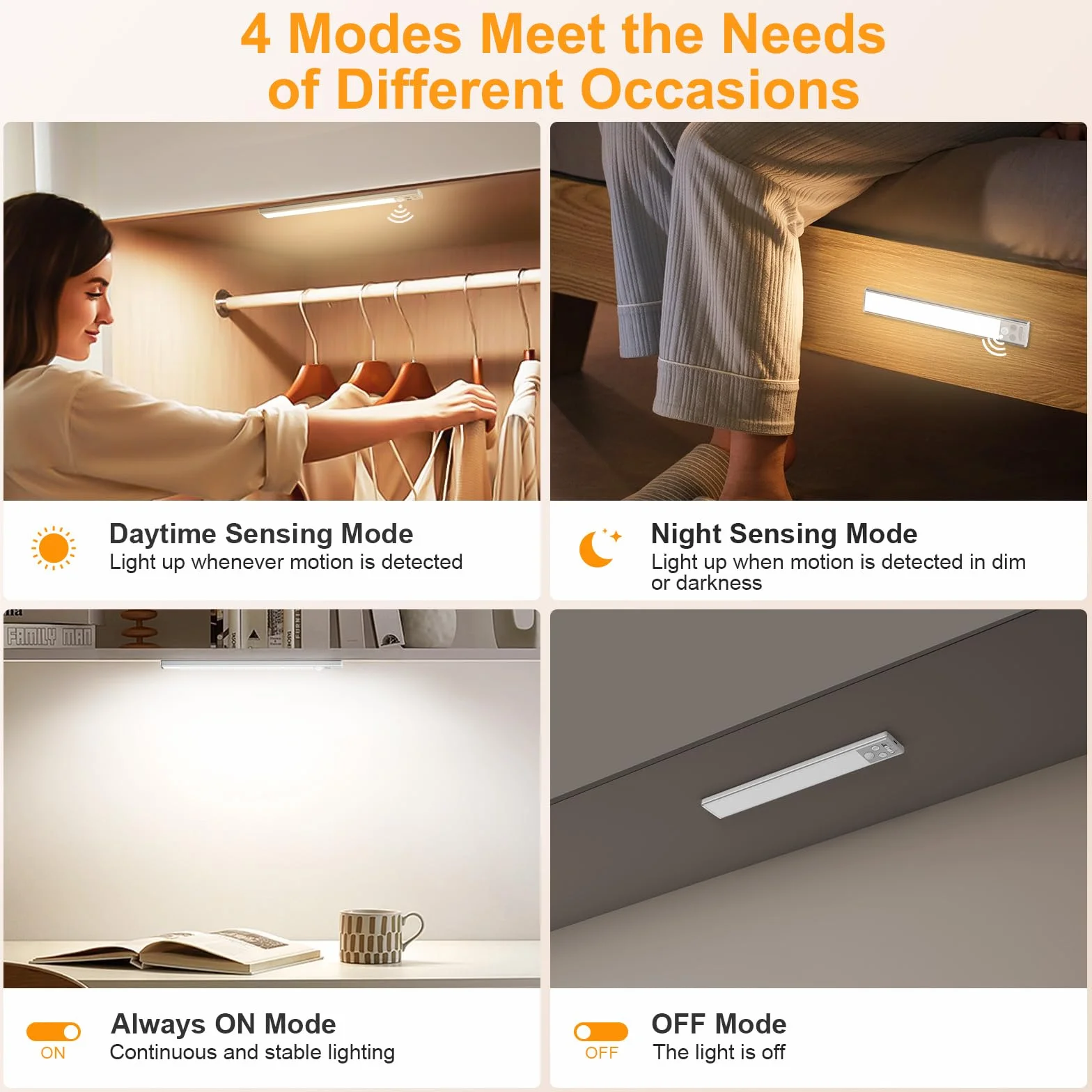 Gritin Luce Led Sottopensile Cucina Ricaricabile 2 Pezzi- 3 Colori & 5 Luminosità, Super Luminoso, 4 Modalità, Sensore di Movimento, Lunga Durata- Facile Installazione Magnetiche Luce Armadio-26CM