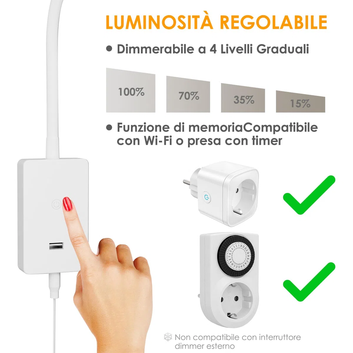 ENUOTEK Lampada da Lettura a Luce Dimmerabile a LED, Applique Lettura Letto LED 4000K Bianca Neutra, Lampada da Lettura a Collo di Cigno da 4W, Lampada da Letto con Porta di Ricarica USB da 2A