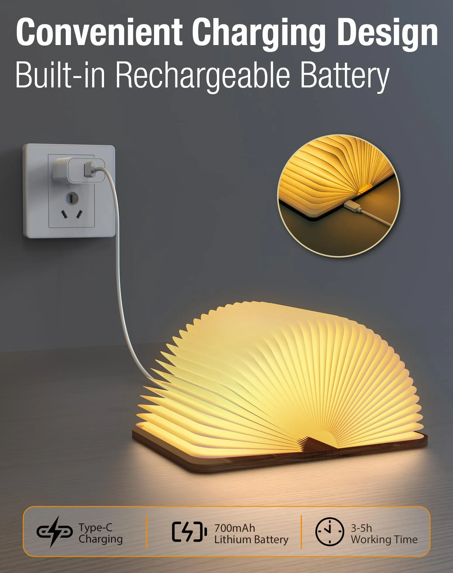Lampada da Libro in Legno, Lampada Pieghevole a 3 Colori, Luce Ambientale LED con USB-C, Regalo di Natale e Compleanno (12 cm in Noce)