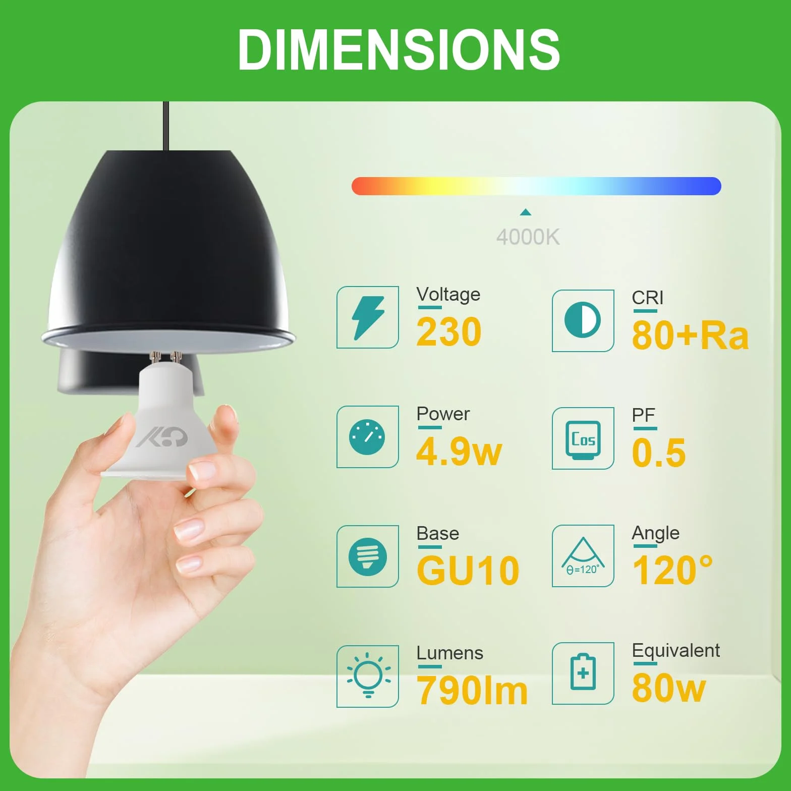 GY Lampadine GU10 LED, 4.9W (equivalenti a 80W), 790 Lumen, 4000K Bianco Neutro, Risparmio Energetico LED GU10, Lunga Durata, Basso Consumo, 120° Angolo del Fascio,Non Dimmerabile, 10 pezzi