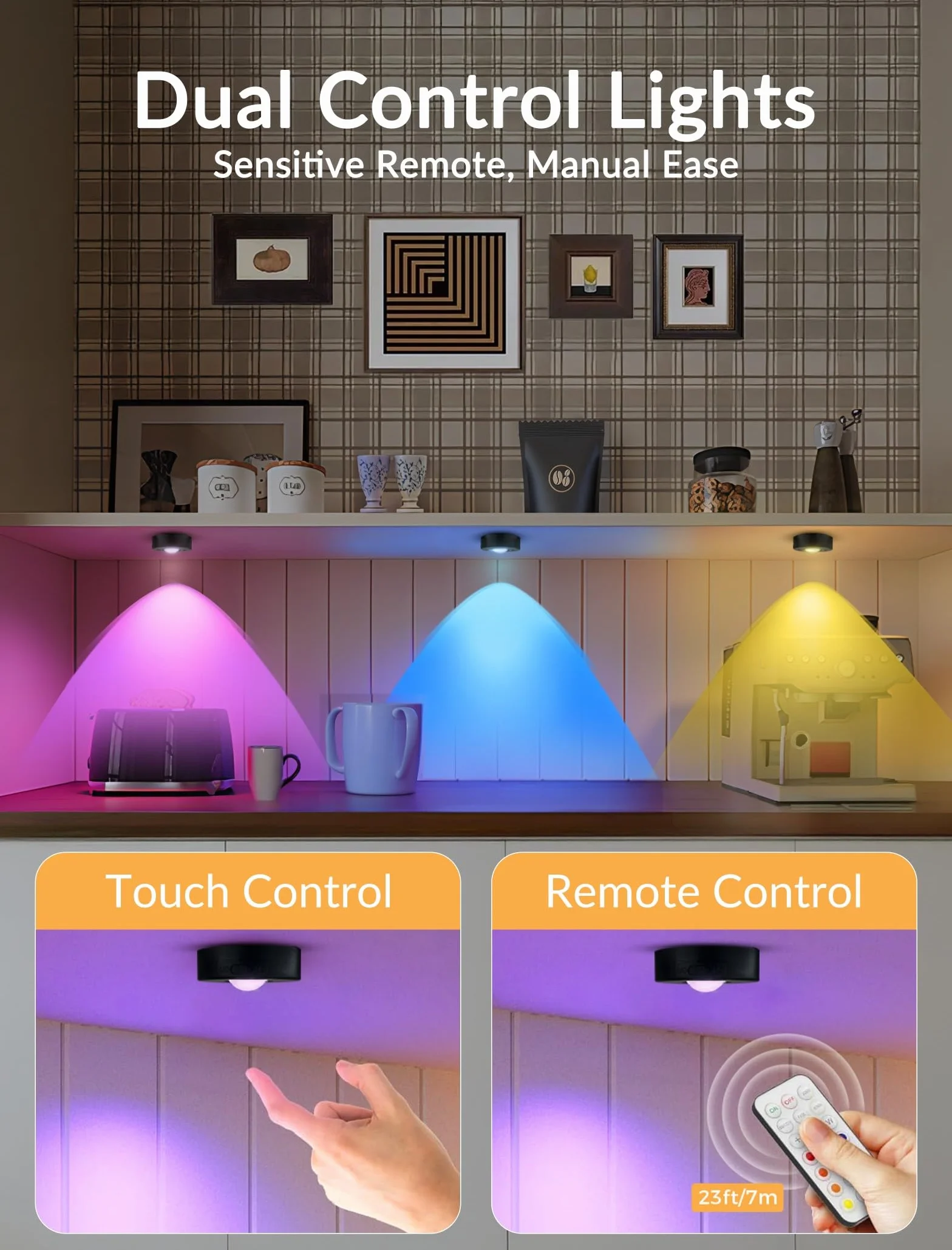 MERTTURM Luce LED Sottopensile Con Telecomando, Luce Notturna 1200mAh Ricaricabile Colorata che Cambia Lampada Armadio, Lampada Spot a LED a Senza Filo Magnetico per Armadio Vetrina, 3pz