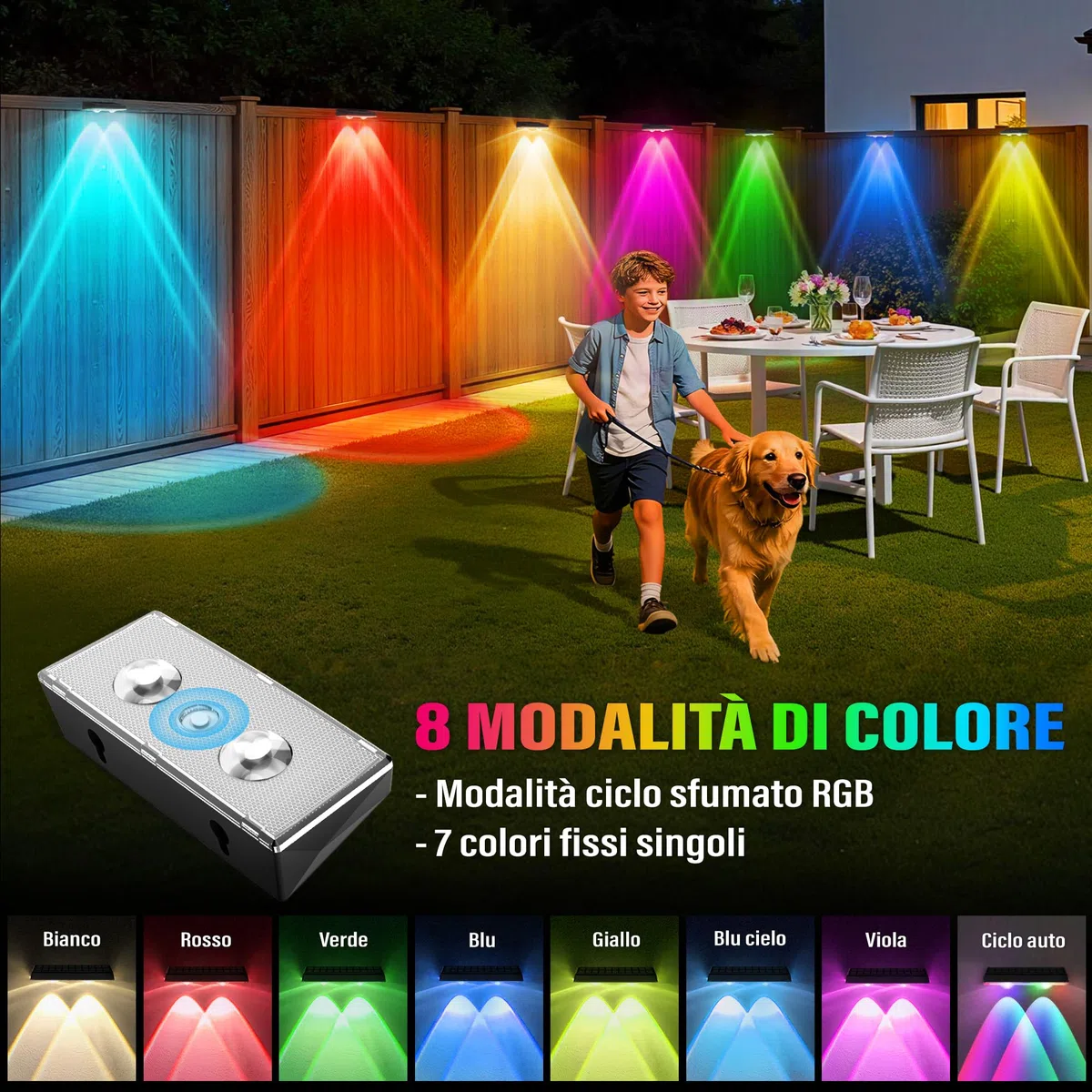 Applique da Esterno Solare Impermeabilità IP67, 4 Pezzi Luce Solare LED Esterno RGB con 8 Modalità Lampade Solari da Esterno per Cortile, Giardino e Recinzione