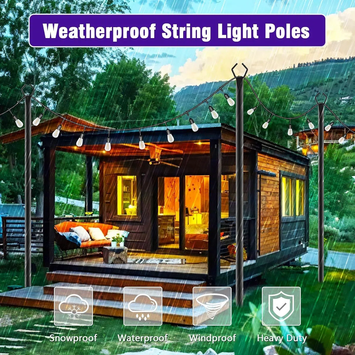 Confezione da 4 Aste in Metallo con Forchetta, 3m/10ft Pali per Illuminazione Esterna, Supporto per Illuminazione Resistente per Esterni, Patio, Terrazza, Cortile, Matrimonio, Festa
