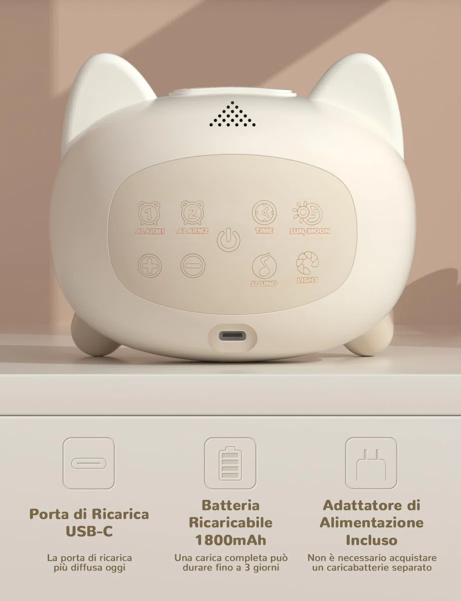 LIORQUE Sveglia per bambini, Sveglia da Comodino con Luce Notturna, Macchina Rumore Bianco, Doppia Allarme, Modalità Weekend, Sveglia Ricaricabile per Allenamento del Sonno Per i Bambini (Gatto)