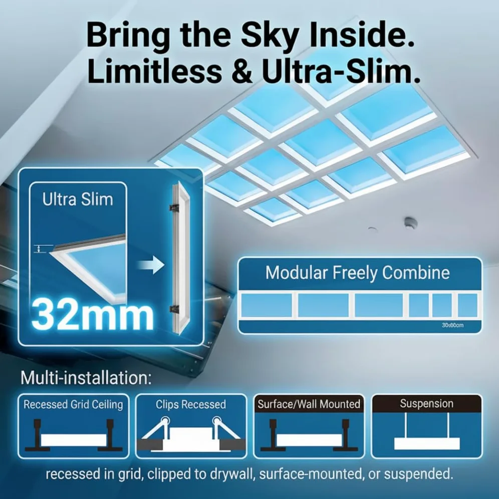 Barcelona - Pannello LED effetto cielo SKYWIN SR SMART 45 W 3375 lm 60 x 30 cm | CCT 1800 K-20000 K | Luce circolare intelligente | Controllo Tuya Bluetooth + Telecomando | Pannello Skylight Ultraslim